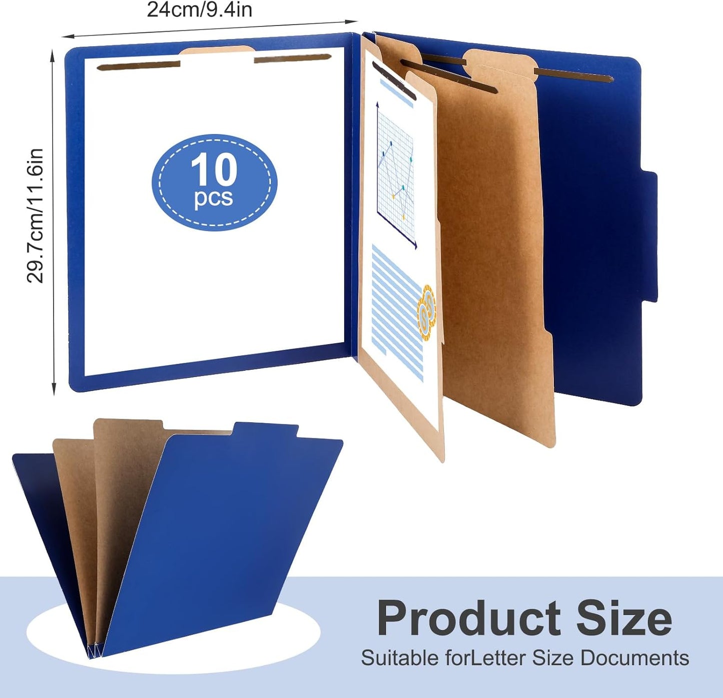 10 Pcs Classification Folders Letter Size, Back to School Supply for Teacher, Student, 2 Dividers Pressboard File Folder Bulk with 2 Fasteners, 3.5 Inch Expanding File Organizer, Blue