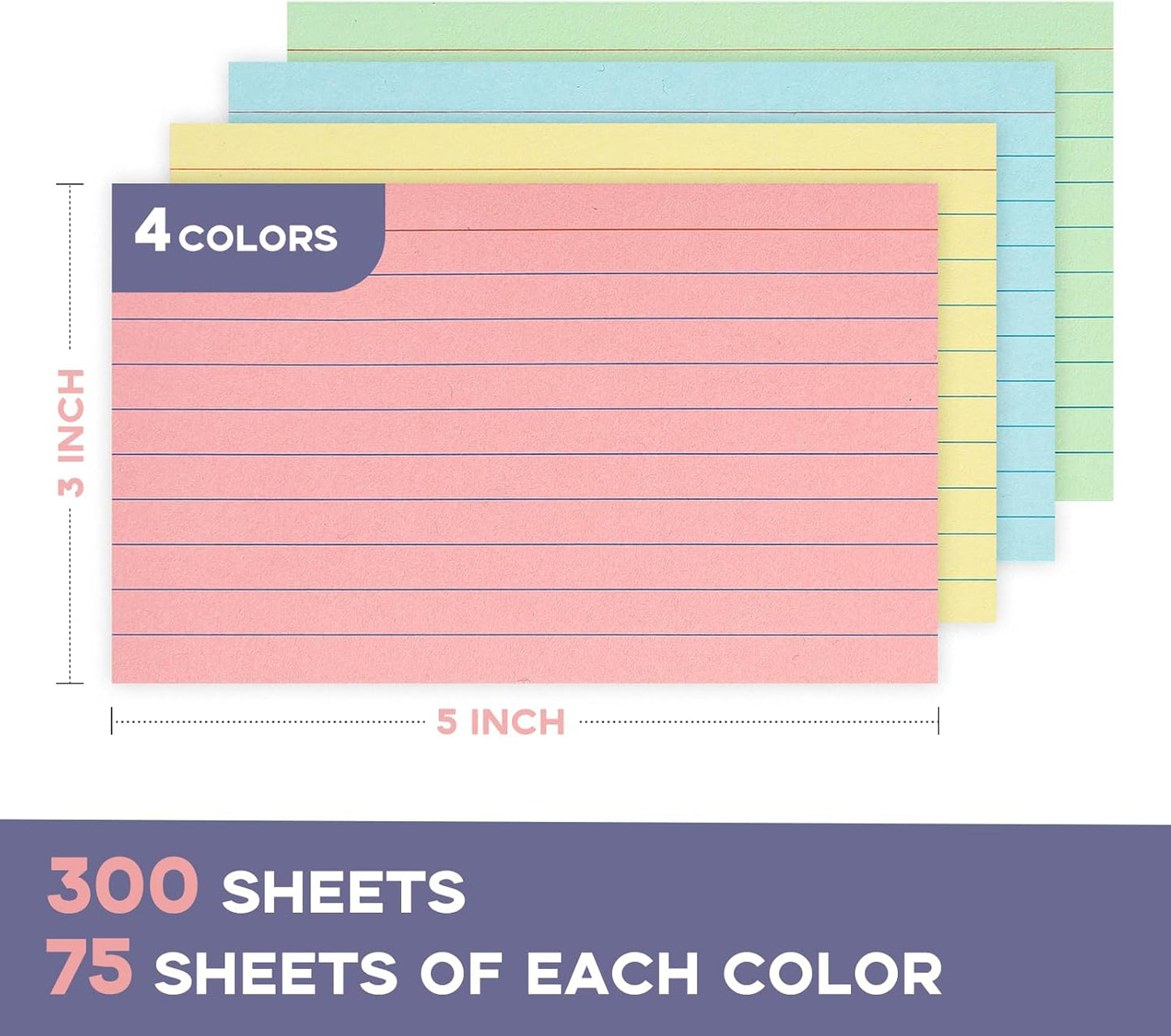 300 Sheets Colored Index Cards 3x5 Ruled-Goefun Lined Note Cards 3 x 5 Color Flashcards for Studying, Note Taking, To Do List