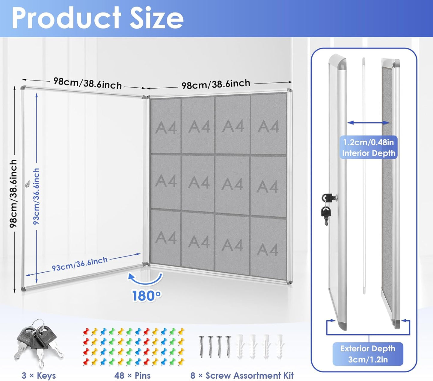SWANCROWN Lockable Felt Bulletin Indoor Display Case Big Message Center Board with Aluminium Frame,38x38 inches (12xA4)