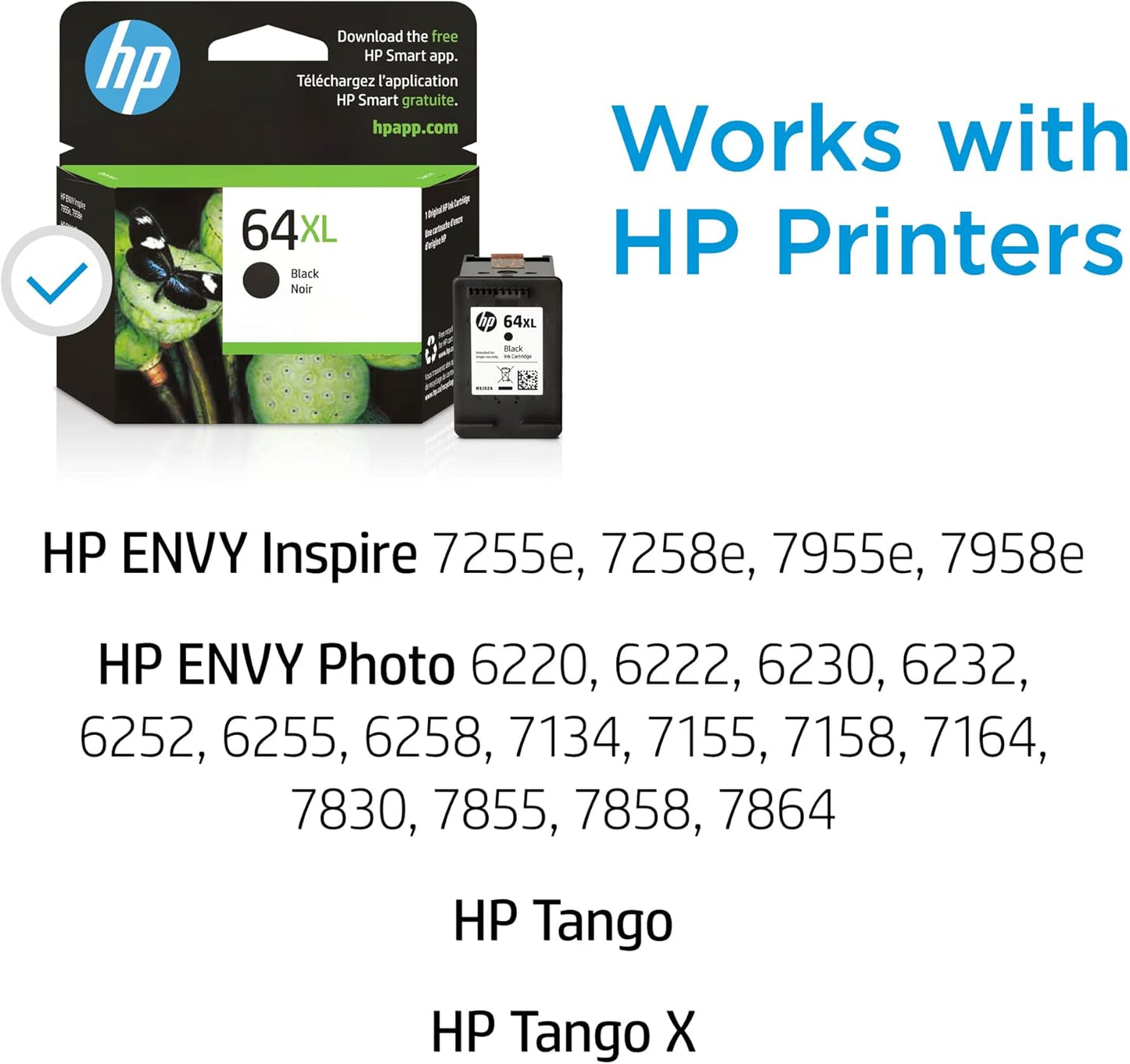 HP 64XL Black High-yield Ink Cartridge for HP Printers | Works with Printer Series: ENVY Inspire 7950e; ENVY Photo 6200, 7100, 7800; Tango | Eligible for Instant Ink | N9J92AN