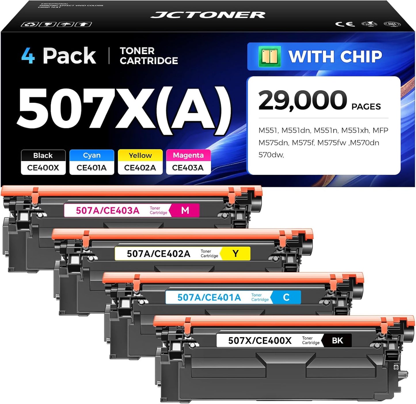 507X 507A Toner Cartridge Set 4-Pack High Yield Replacement for HP 507X 507A CE400X CE401A CE402A CE403A Compatible with HP Color LaserJet Enterprise 500 Color M551 M551dn M570dn M570dw M575fw Printer