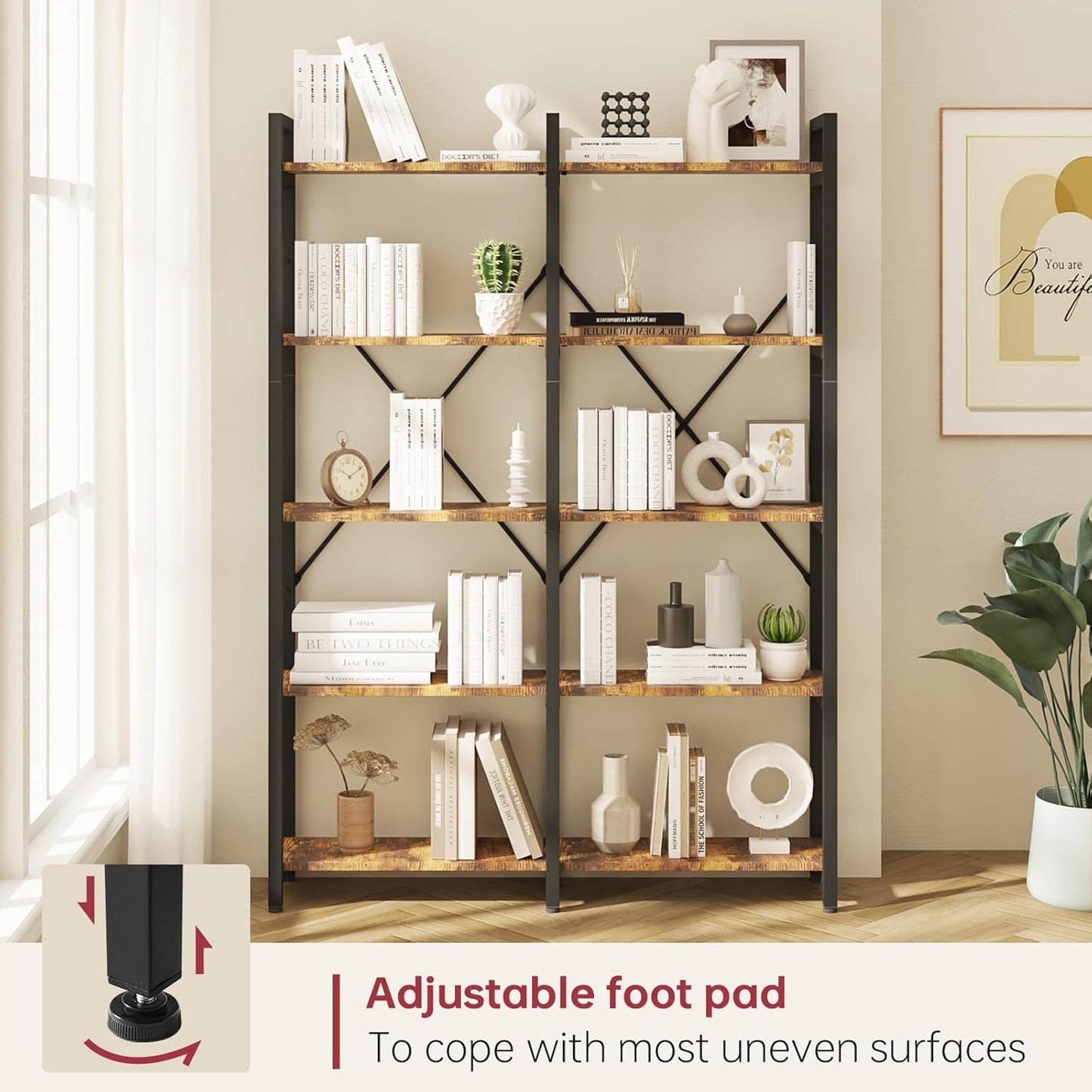 oneinmil Bookshelf 5 Tier, 58.7'' Industrial Book Shelf, Wooden Bookshelves with 10 Open Display Shelves, Vintage Storage Rack, Standing Wide Bookcase for Home and Office, Rustic Brown