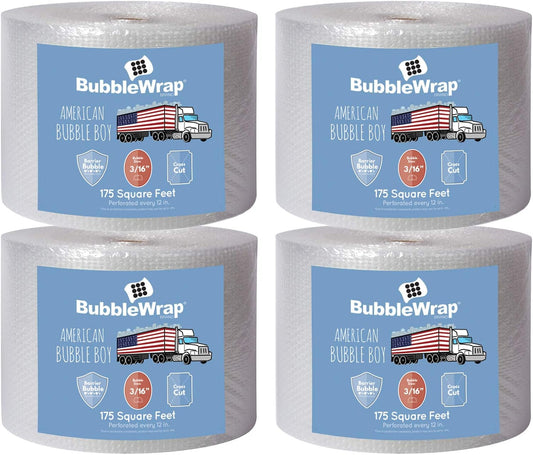 4 large rolls of Bubble Wrap total 700 feet, small bubble wrap 3/16 cushioning, 700 ft, heavy duty, perforated Every 12" Made in the USA by American Bubble Boy, bulk bubble wrap for moving, shipping