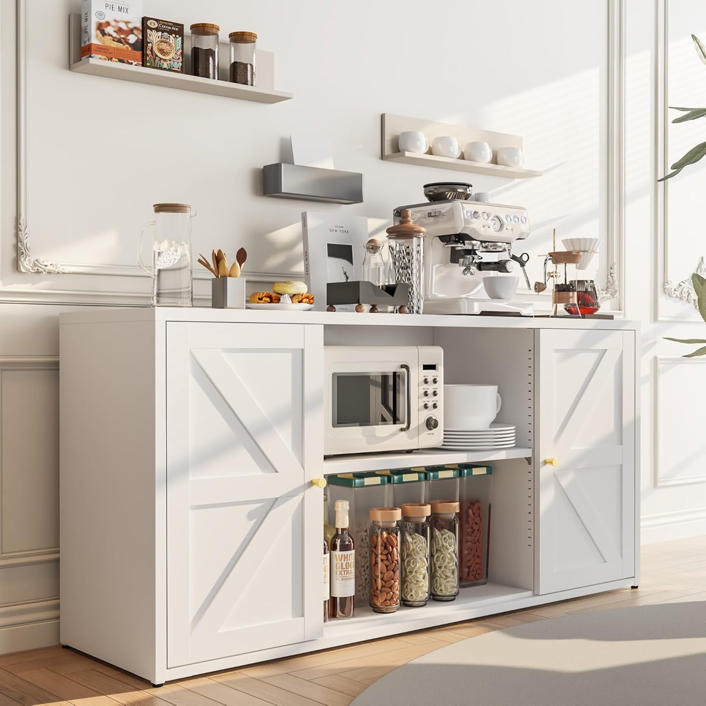 Metal Storage Cabinet with 2 Barn Doors,Farmhouse Sideboard Buffet Cabinet,Pantry Storage Cabinets with Drawers and Shelves, Coffee Bar for Kitchen, Dining Room,Living Room,White TV Stand