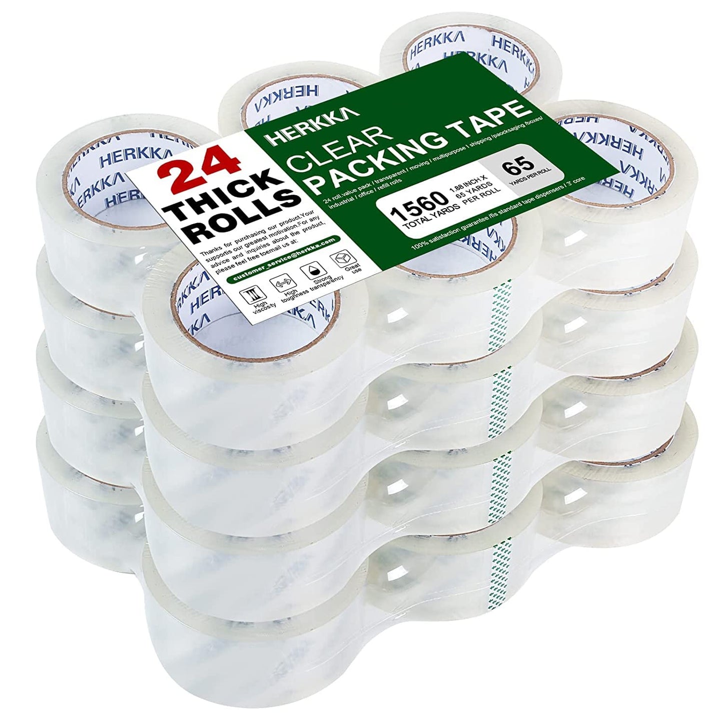HERKKA Clear Packing Tape, 24 Rolls Heavy Duty Packaging Tape for Shipping Packaging Moving Sealing, Thicker Clear Packing Tape, 1.88 inches Wide, 65 Yards Per Roll, 1560 Total Yards