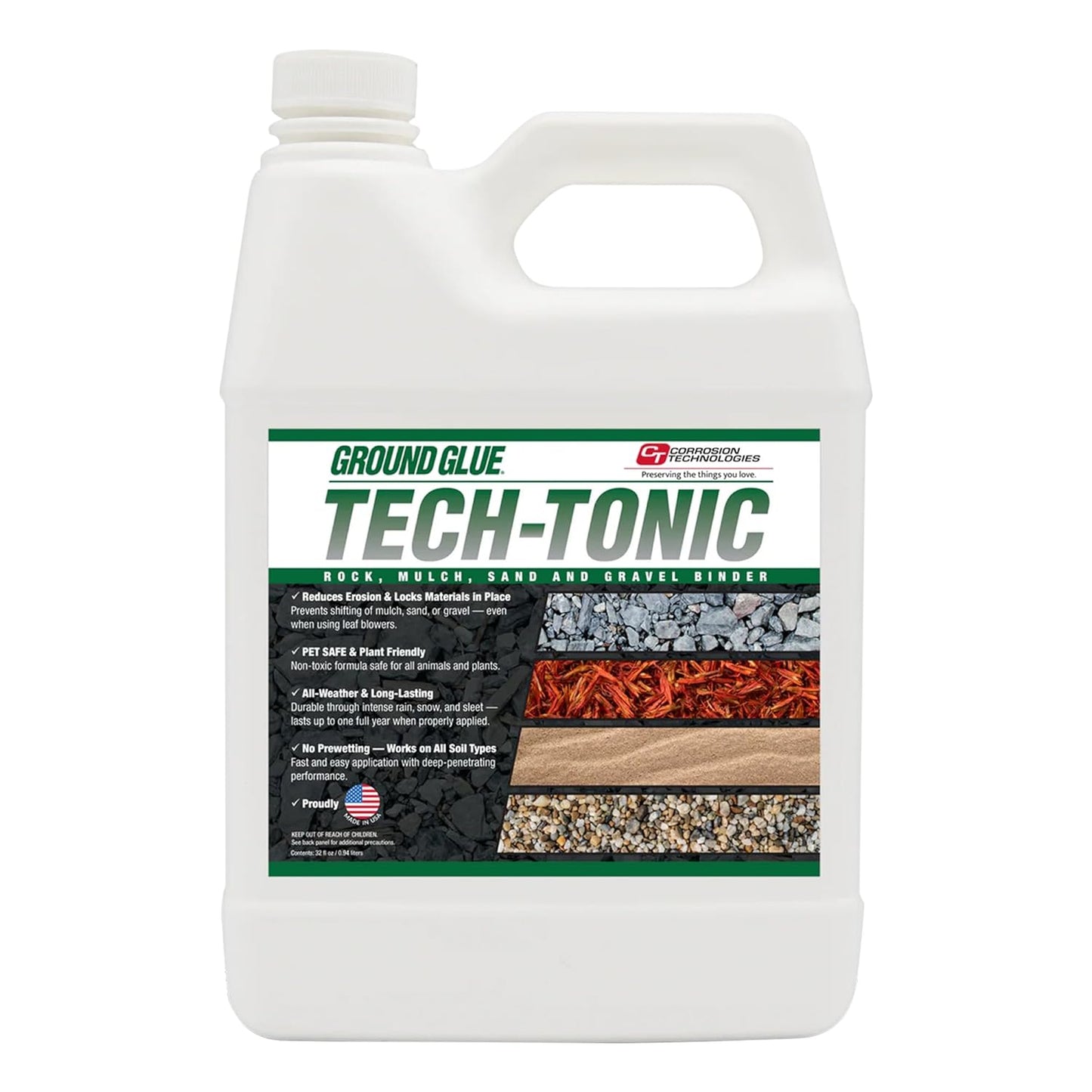 Ground Glue Tech-Tonic Landscape Adhesive for Rock, Mulch, and Sand, Weatherproof Long-Lasting Stabilizer for Trails & Slopes, Pet-Safe Binder for Pea Gravel, Bark & Flower Beds, 32 Fl. Oz.