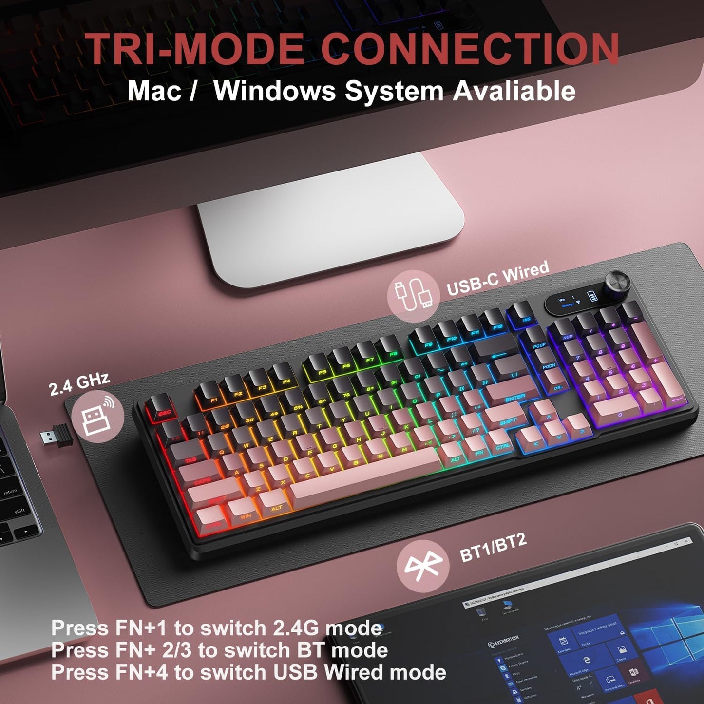 BlueFinger Wireless Gaming Keyboard, RGB Backlit, Tri-Mode Bluetooth/2.4G/USB-C, 98 Keys Quiet Keyboard with Number Pad, Volume Knob & Screen, Side Printed PBT Keycaps for PC/Mac/Laptop