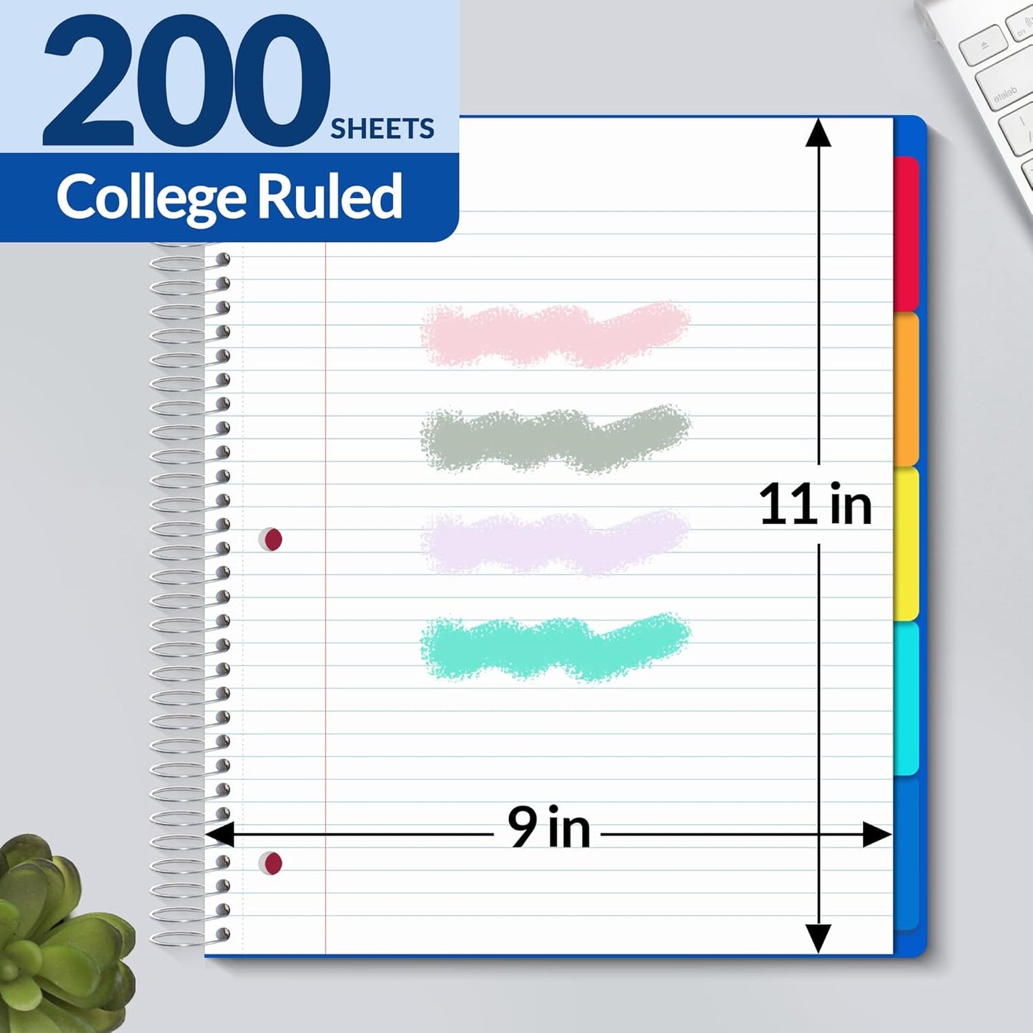 SUNEE 5 Subject Notebook College Ruled - 400 Pages, 9"x11", 5 Pocket Colored Dividers, 3-Hole Punched Paper, Blue
