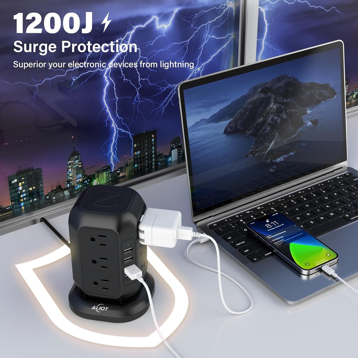 Power Strip Tower with USB Ports-AiJoy Surge Protector with 12 AC Outlet and 4 USB Ports, 10 Ft Extension Cord with Multiple Outlets, Charging Station with Overload Protection, for Home Office Dorm