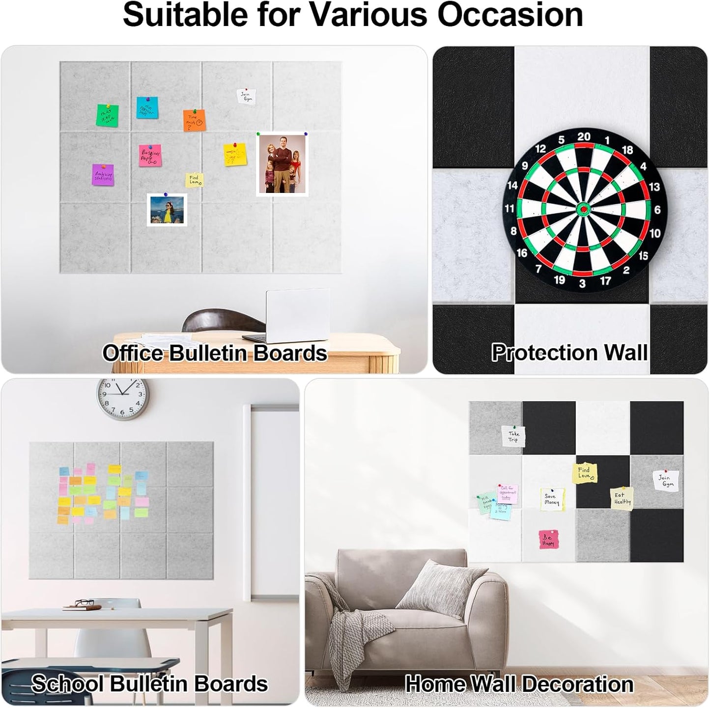 Large Cork Board for Walls 47" x 35" 12 Pack Black Bulletin Boards Felt Wall Tiles with Safe Removable Adhesive Corkboards for Office Home,White