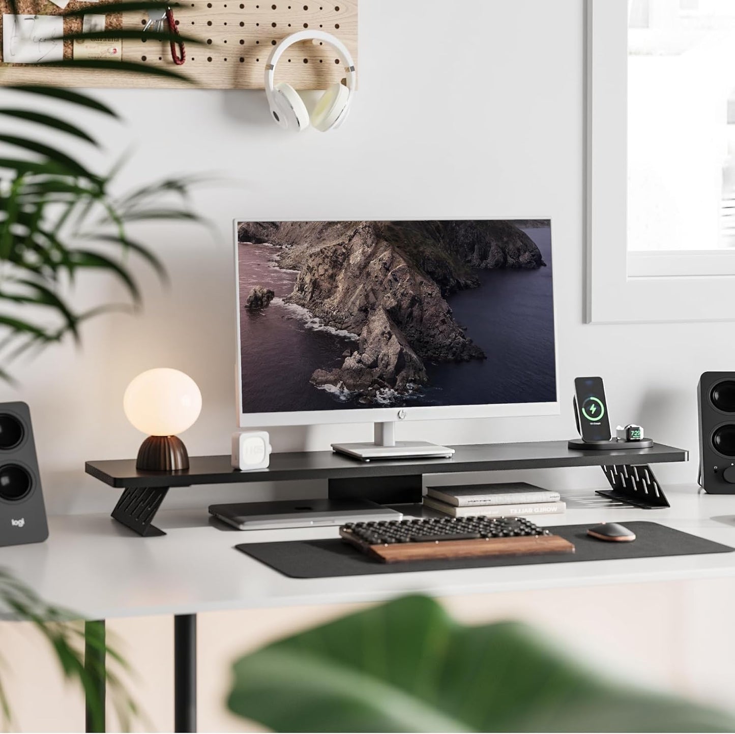 Fenge Dual Monitor Stand Riser, 42.5 Inch Desk Top Shelf for 2 Monitors, Computer Stands for Desk, Wood & Steel Desktop Riser for Laptop, PC, Printer