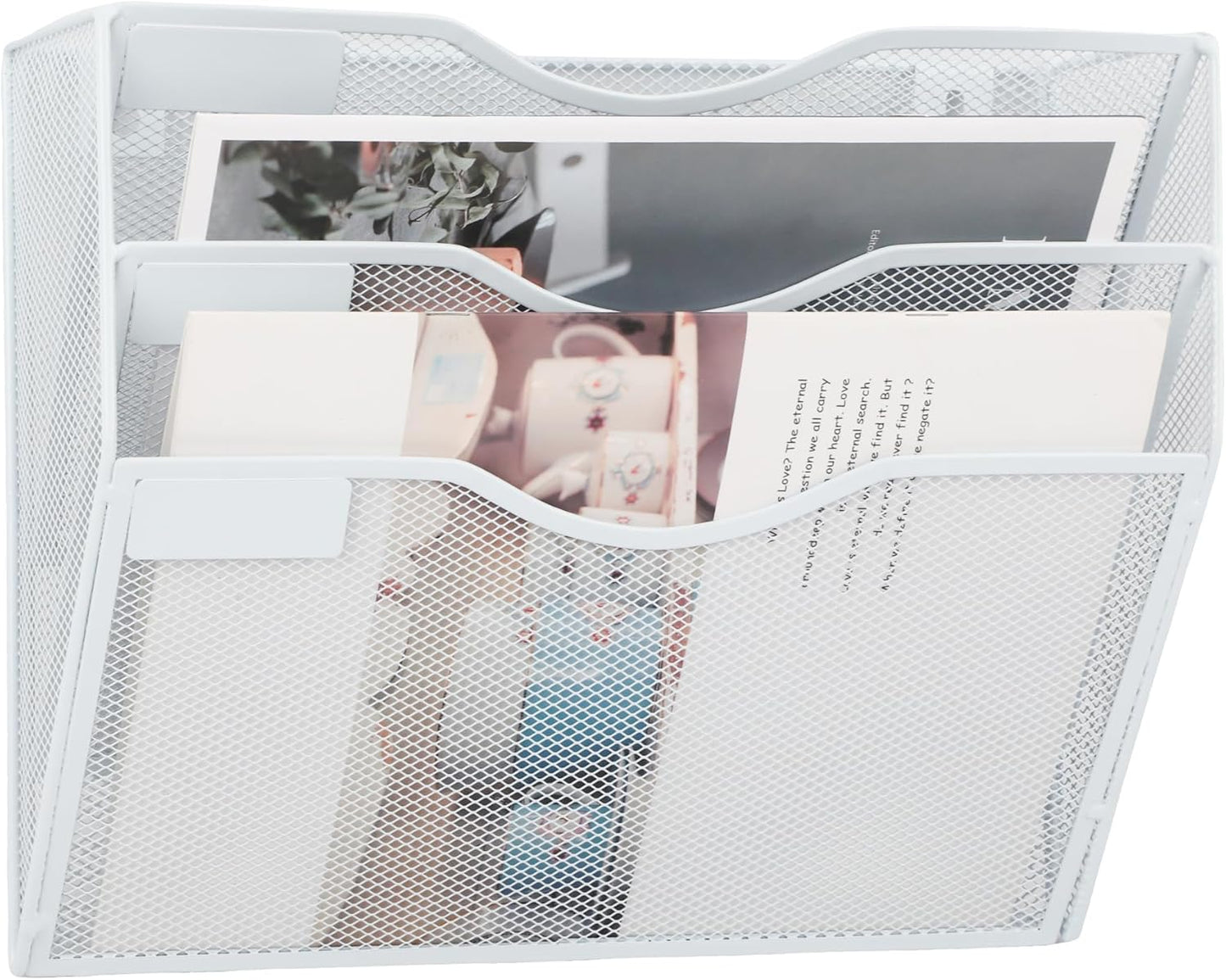 EASEPRES 3 Pocket Mesh Hanging Wall File Organizer, Wall Mounted Mail Paper Document Folder Holder, Clipboard Storage Organization Magazine Rack with Nametag Label for Office Home School, White