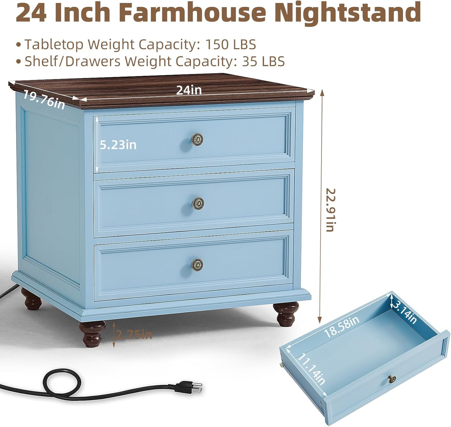 24" Wide Farmhouse Night Stand,Large End Table with 3 Drawers & Metal Handle,Light Blue Wood Dresser for Bedroom Cabinet, Bed Side Tabl·e Chest of Drawers,Nightstand for Living Room,Close