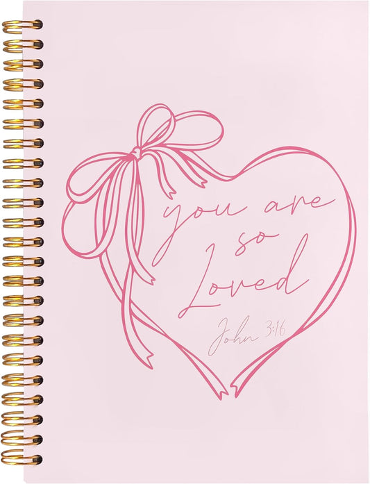 BearCake Coquette Pink Bow Christian Notebook Journal, Christian Gifts for Women, You Are So Loved Bible Journaling Prayer for Women, Preppy Aesthetic Hardcover Spiral Notebook 5.5x8.3