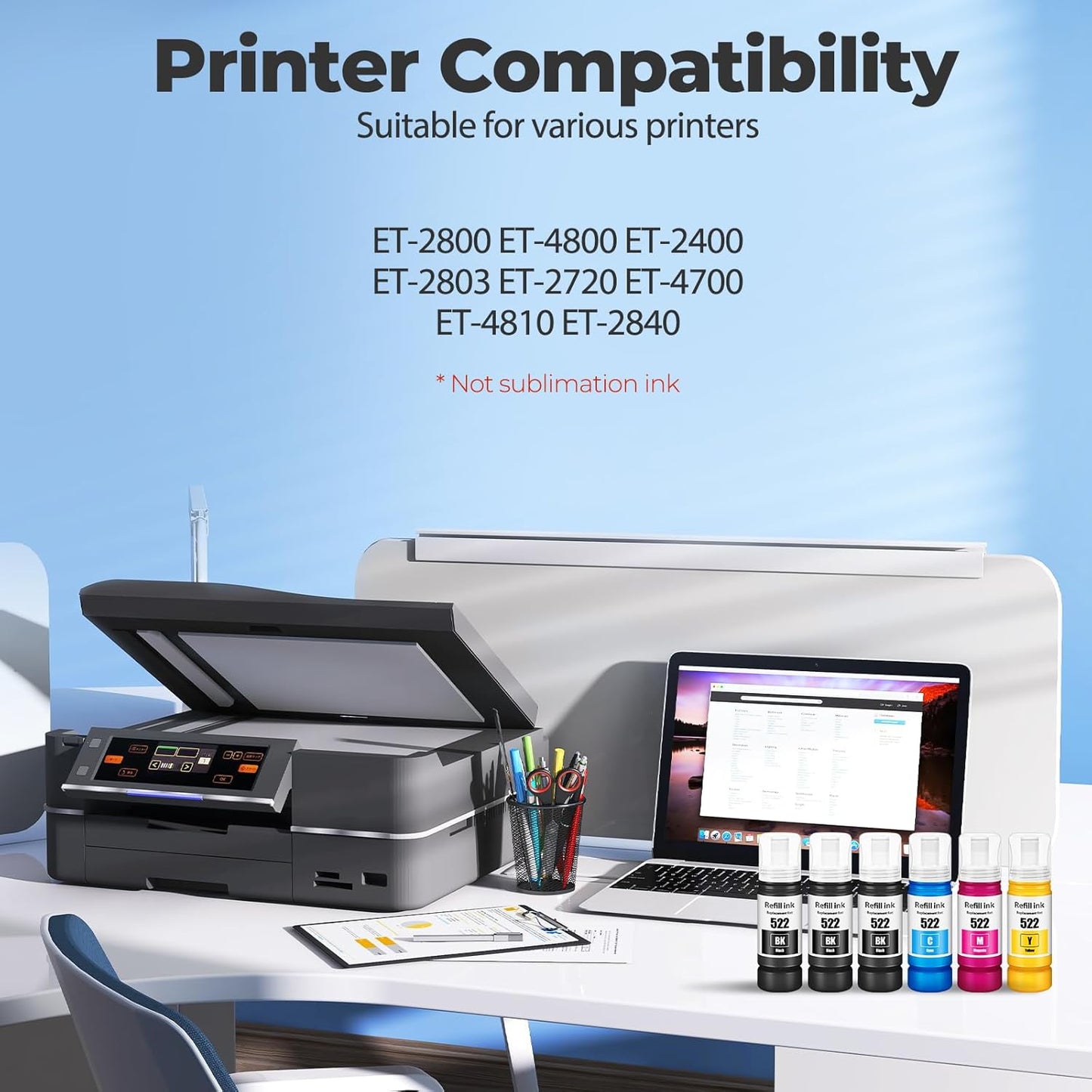 522 Ink Refill Bottles ET-2800 ET-4800 ET-2400 ET-2803 Replacement for Eco Tank 522 Ink Bottles Use for Eco Tank ET-2400 ET-2720 ET-2800 ET-2803 ET-2840 ET-4800 ET-4810 ET 2400 ET 2800 ET 4800 Printer