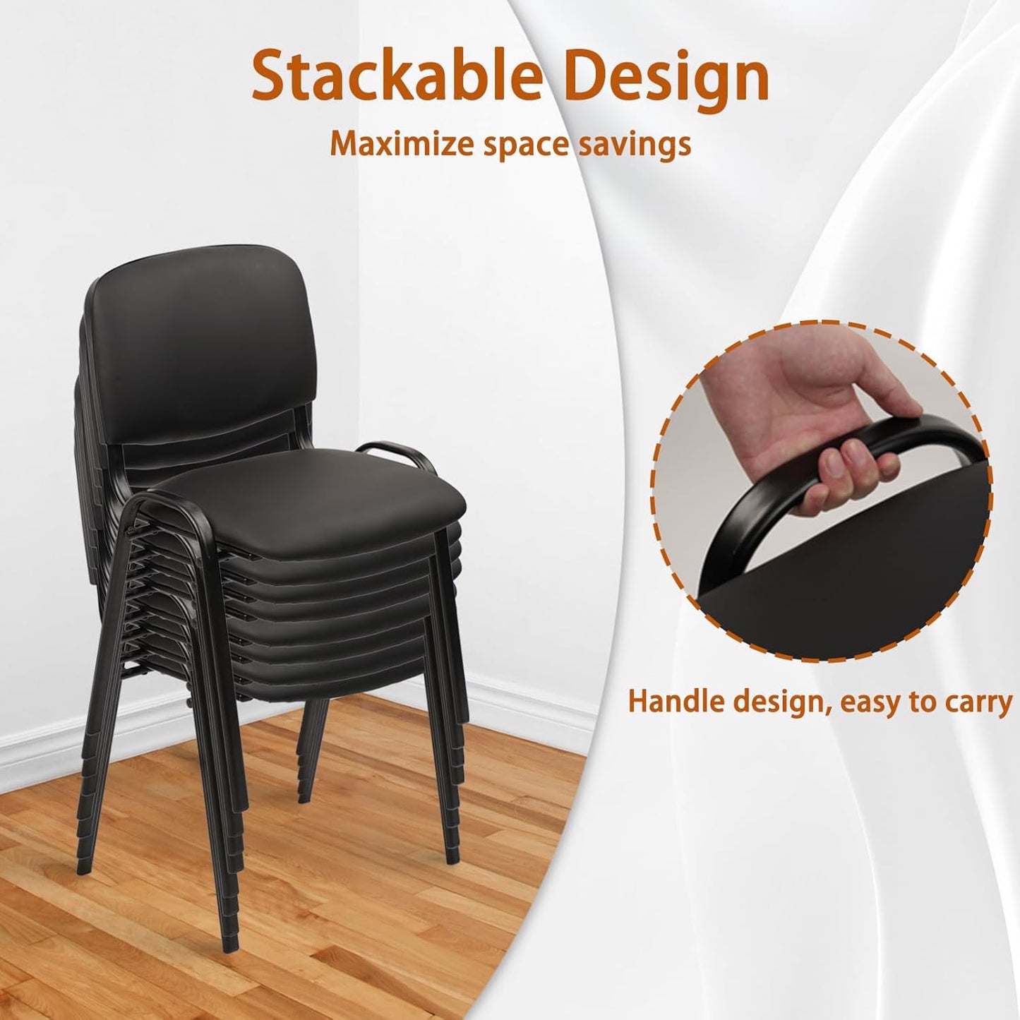 CLATINA Stacking Waiting Room Chairs, PU Leather Armless Office Guest Chair with Metal Frames, Stackable Conference Room Chairs No Wheels for Reception Lobby Side Meeting Training School, Black