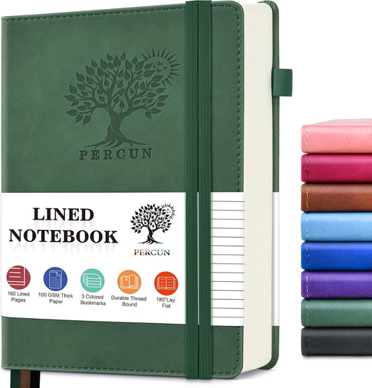 PERCUN Lined Journal Notebook for Men & Women, 160 Pages College Ruled Journal for Writing, A5 Hardcover Leather Notebooks for Work, School, Business, Travel, Daily Diary 5.9" x 8.5" - Green