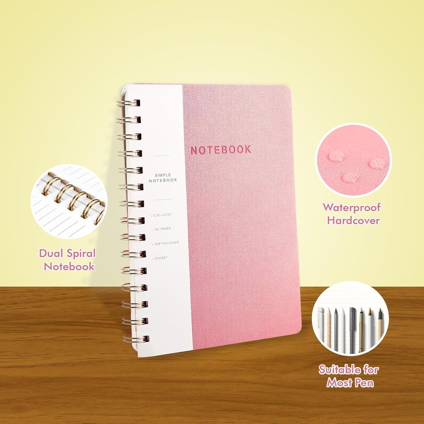 Lined Spiral Notebook College Ruled A5 Journal Book for Note Taking, 160 Pages Writing Journal for Office and Home School Supplies 5.75x8.125 inch (6pack-3Reefblue/3Pink)