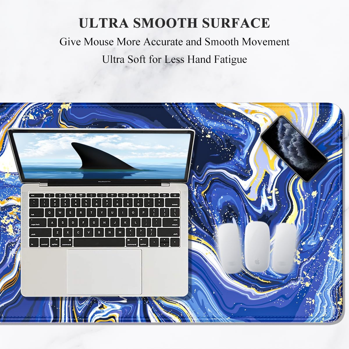 Auhoahsil Large Mouse Pad, XXL Gaming Mousepad, Desk Mat for Desktop, Thick Rubber, Big & Long Size, Stitched Edges, Full Desk Pad for Laptop & Computer, Extended 31.5 x 11.8 in, Navy Marble