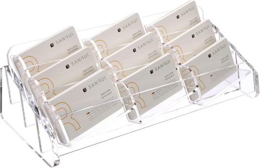SANRUI Acrylic Business Card Holder for Desk, 3 Tier Clear Tilt Business Name Card Display Holders Stand Storage Organizer Fits 540 Business Cards (Horizontal, 9-Slot)