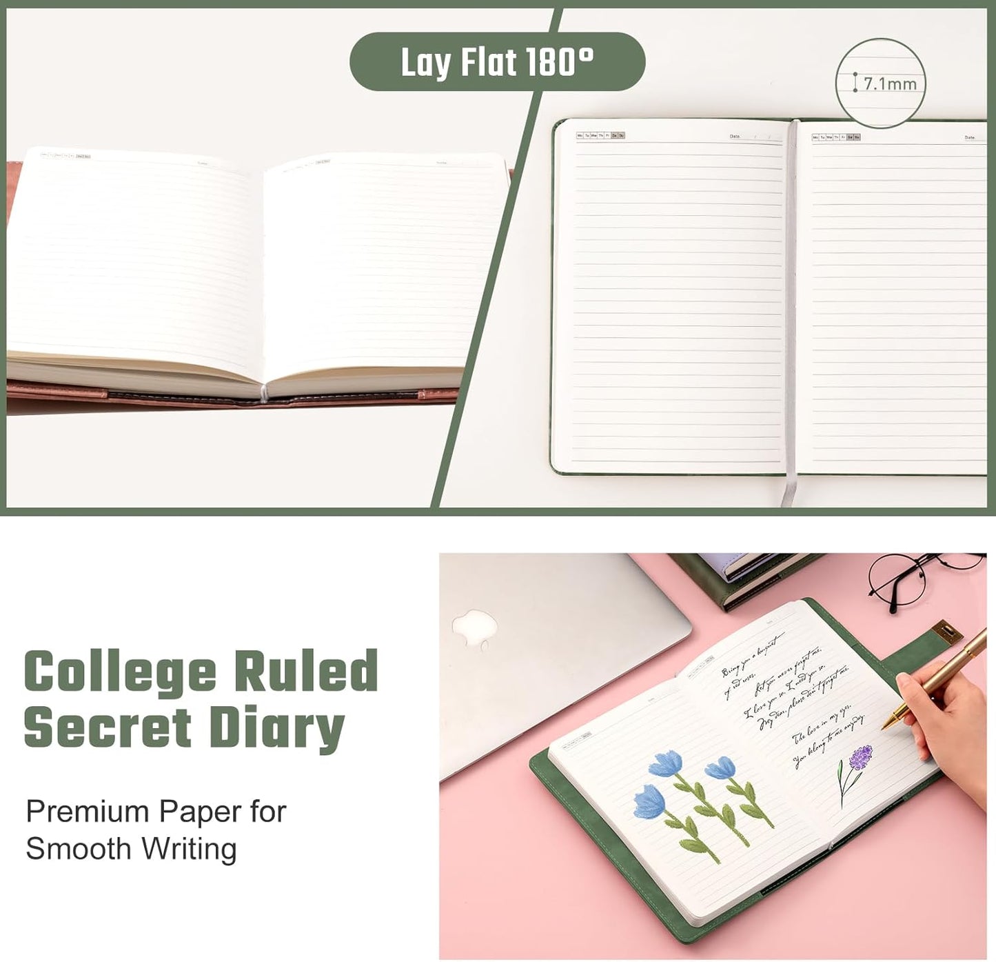 Lock Diary for Women Diary with Lock for Girls A5 Leather Locked Journal 260 Pages 100 GSM Refillable Journal with Lock for Teens Secrets Flower Journals with Combination Passwords, 5.7"x8.3", Green