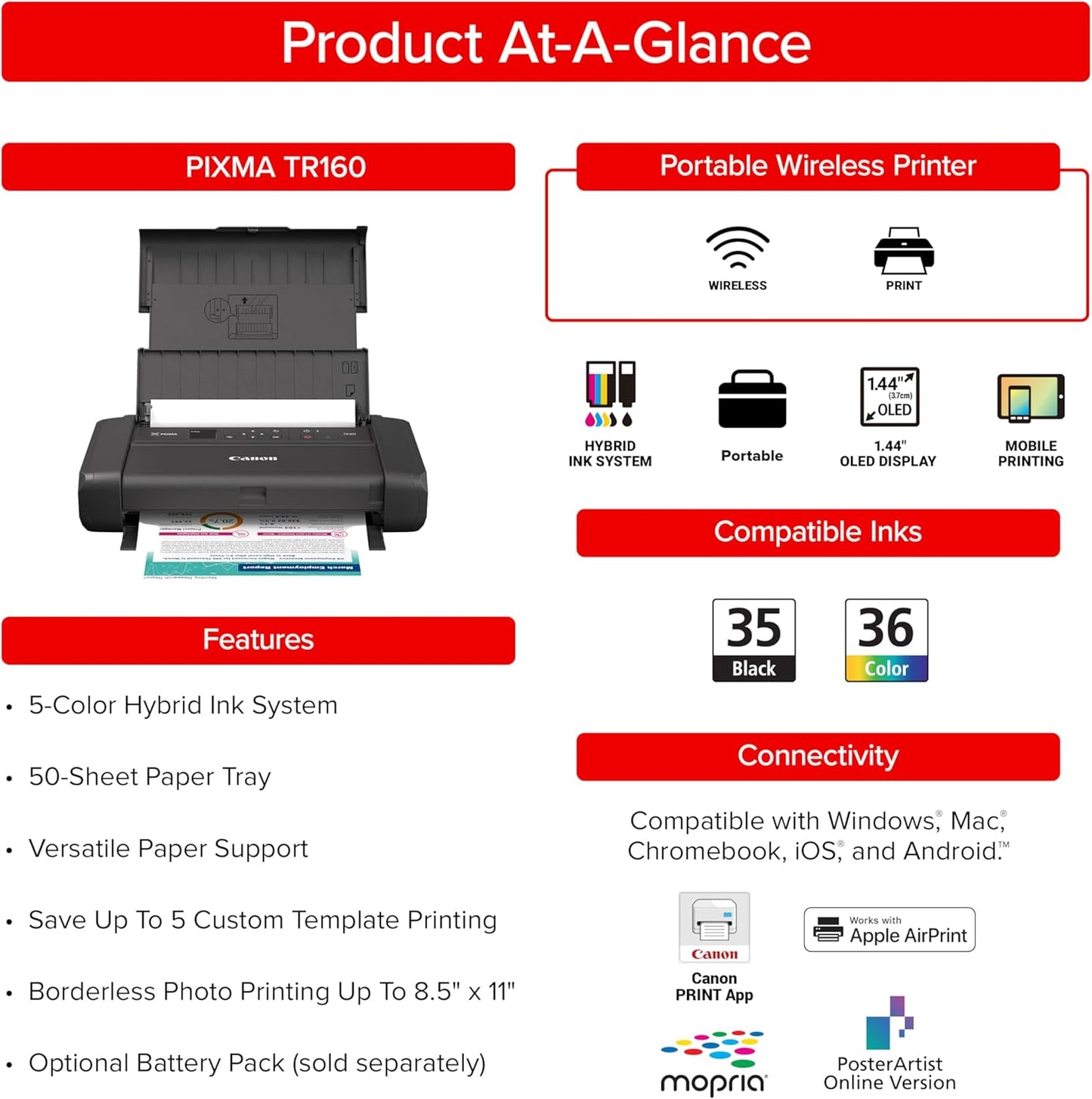 Canon PIXMA TR160 Wireless Portable Printer, 50-Sheet Paper Tray and 1.44" Display