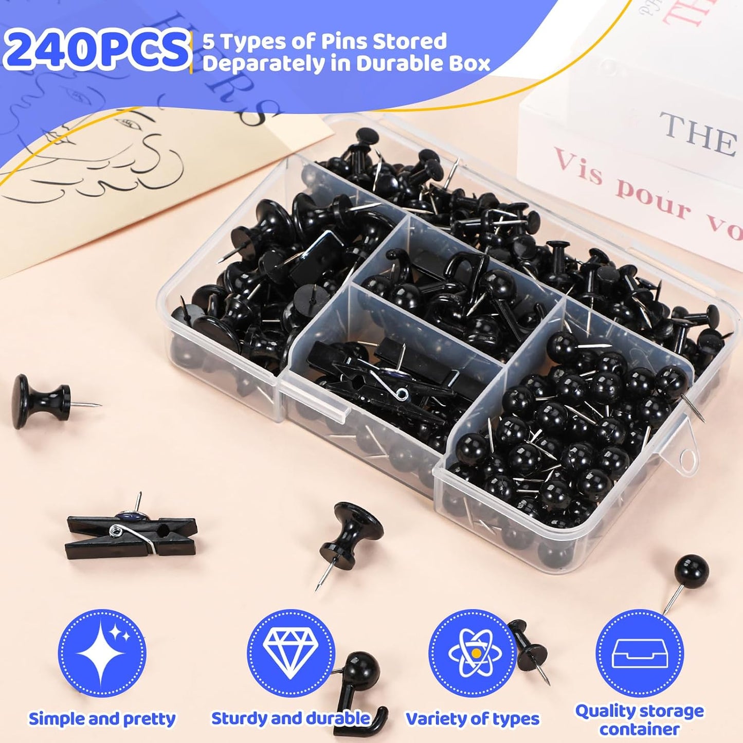 240Pcs Black Push Pins,5 Style Thumb Tacks, Black Plastic Push Pins for Bulletin Boards, Cork Board,Wall,Cork Board Accessories, Office Home Supplies