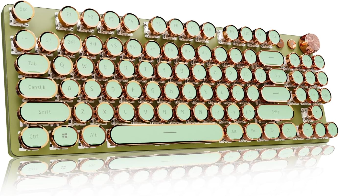 EWEADN V20 Green Typewriter Keyboard,87 Keys Backlit Typewriter Style Mechanical Keyboards, Media Control Knob, Wired/BT5.0/2.4G Typewriter Style Computer Keyboards Pink Switch for Windows/Mac/PC