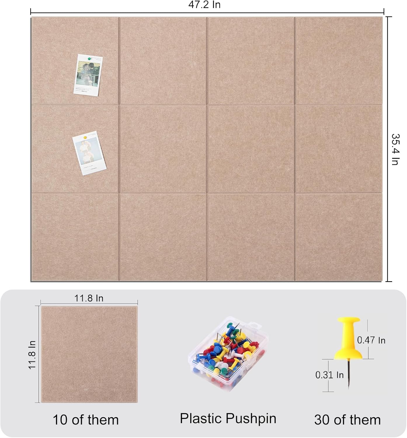 Large Cork Board for Office 48 x 36 in, Brown Bulletin Board, 12 Pack Felt Wall Tiles with Pushpins, Cork Boards for Wall Pin Board Tack Board Cork Boards