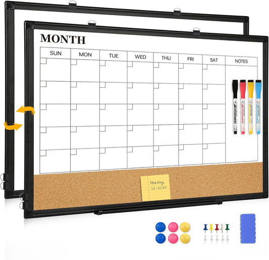 Dry Erase Calendar Board for Wall, 24"x18" Magnetic Whiteboard Calendar Double-Sided Monthly White Board with Cork Board, Black Aluminum Frame Memo Message Board for Office, Home, School