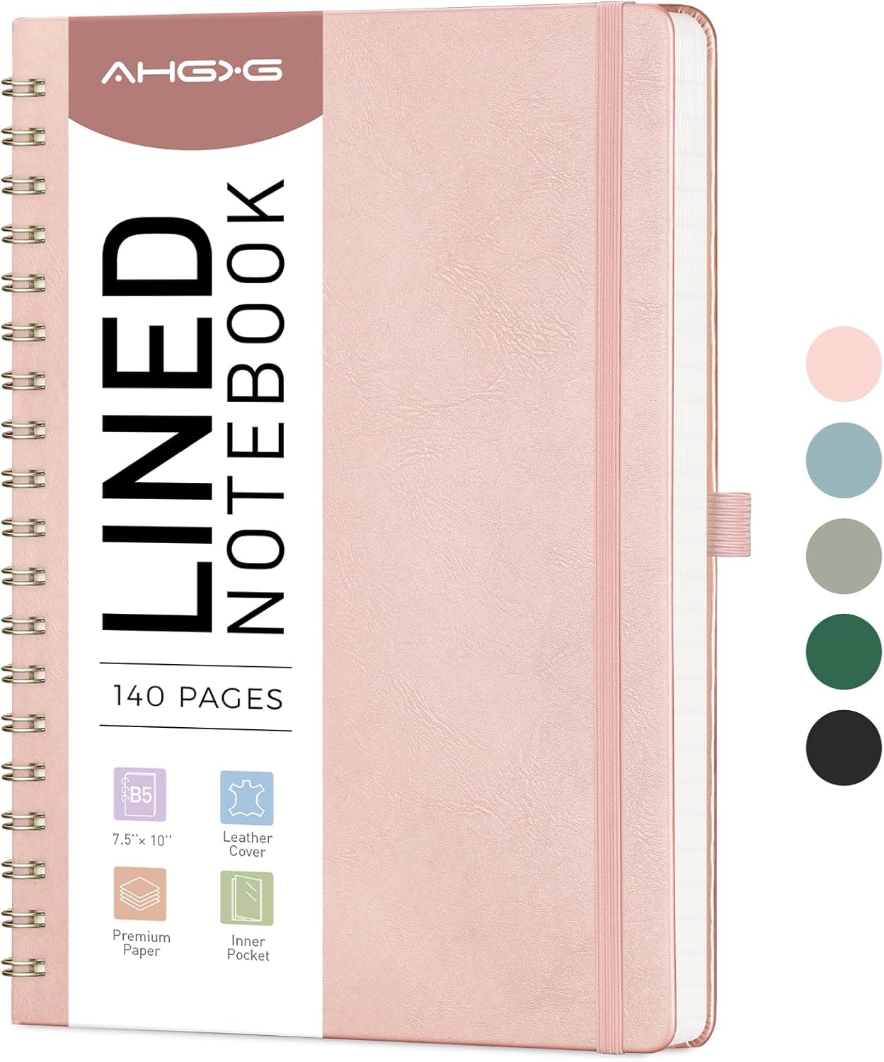 AHGXG Lined Spiral Journal Notebook, B5 Large Journals for Women Men, 140 Pages Hardcover Leather Notebook College Ruled, 100 GSM Paper, Notebooks for Work School Note Taking, 7.6" x 10", Rose Gold