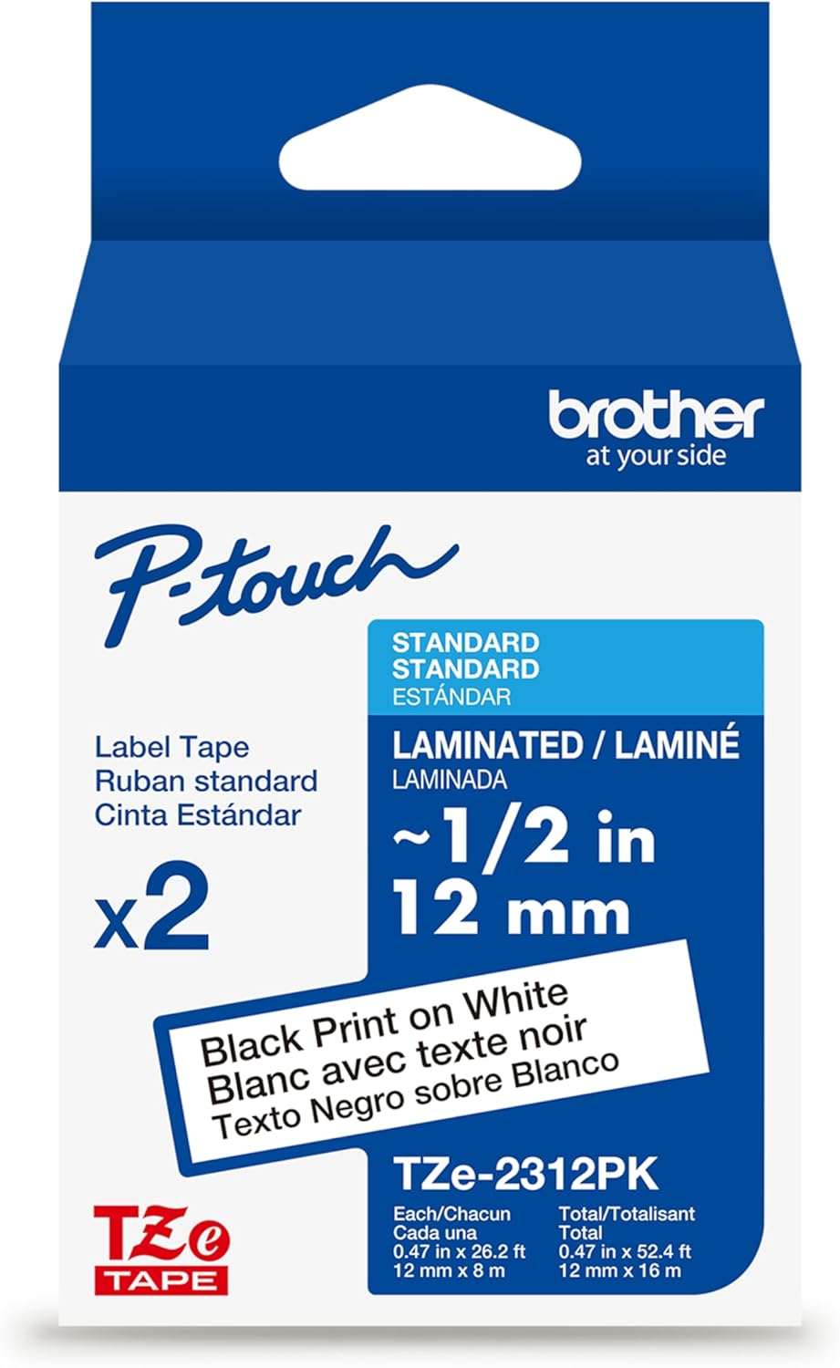 Brother Genuine TZe231~1/2" 2PK Black Print on White Label Tape. Each: 0.47 in x 26.2 ft (12 mm x 8 m) Total: 0.47 in x 52.4 ft (12 mm x 16 m)
