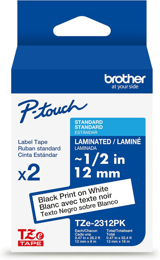 Brother Genuine TZe231~1/2" 2PK Black Print on White Label Tape. Each: 0.47 in x 26.2 ft (12 mm x 8 m) Total: 0.47 in x 52.4 ft (12 mm x 16 m)