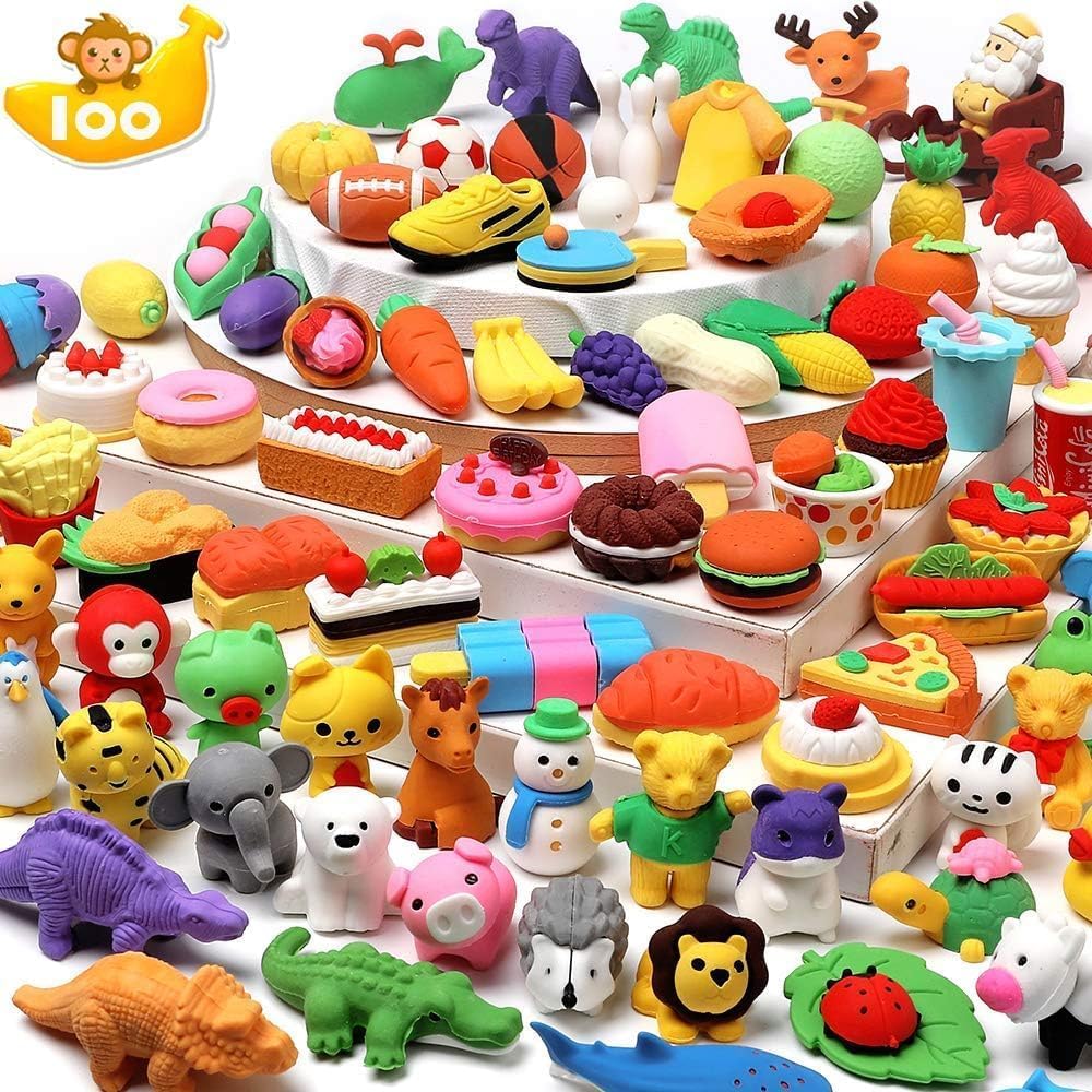 HINZER 100 Pack Animal Erasers for Kids Bulk Pull Apart 3D Puzzle Erasers Classroom Rewards and Prizes Class Treasure Box Kids Party Favors Back to School Supplies