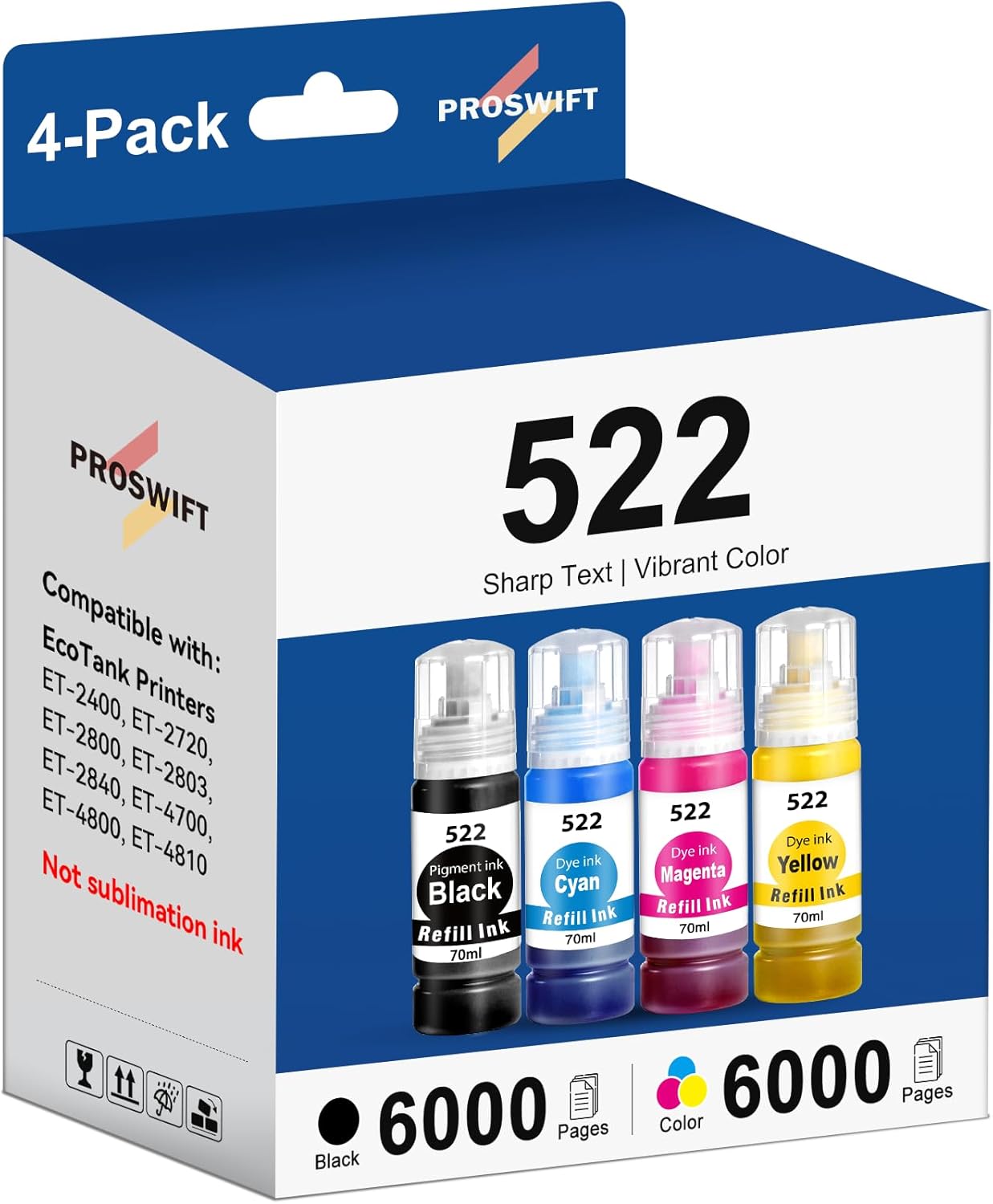 522 High Capacity Ink Refill Bottle Combo Pack Compatible for Epson 522 Ink Works with EcoTank ET-2400, ET-2720, ET-2800, ET-2803, ET-2840, ET-4700, ET-4800, ET-4810 Printer (4 Pack,70ML)