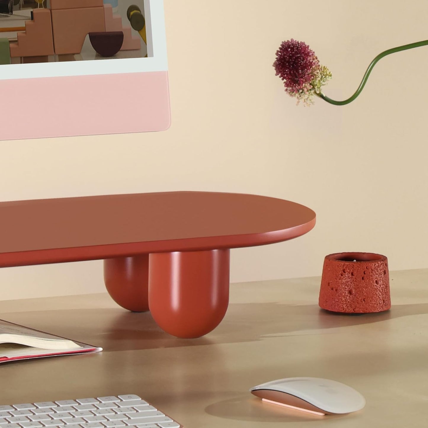 Fenge Monitor Stand Riser, 34 Inch Dual Monitor Riser for Large Monitors, Desk Organizer with Wooden Shelf & Solid Wood Legs, Computer Stand for Laptop, TV, PC, Printer, Red