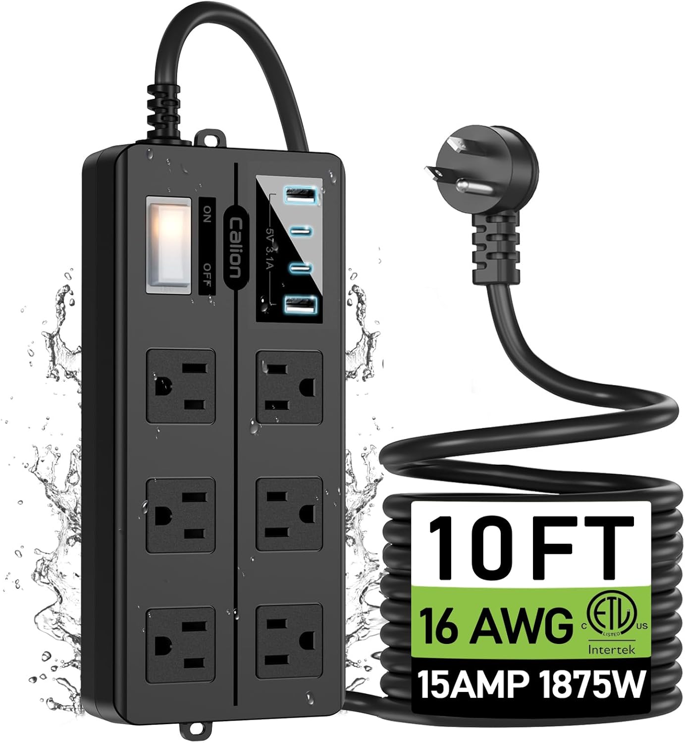 Outdoor Power Strip Weatherproof,Patio Waterproof Surge Protector with 4 USB Ports and 6 Outlets, 10 FT Extension Cord with Flat Plug,Shockproof Overload Protection,Mountable for Home Office Porch