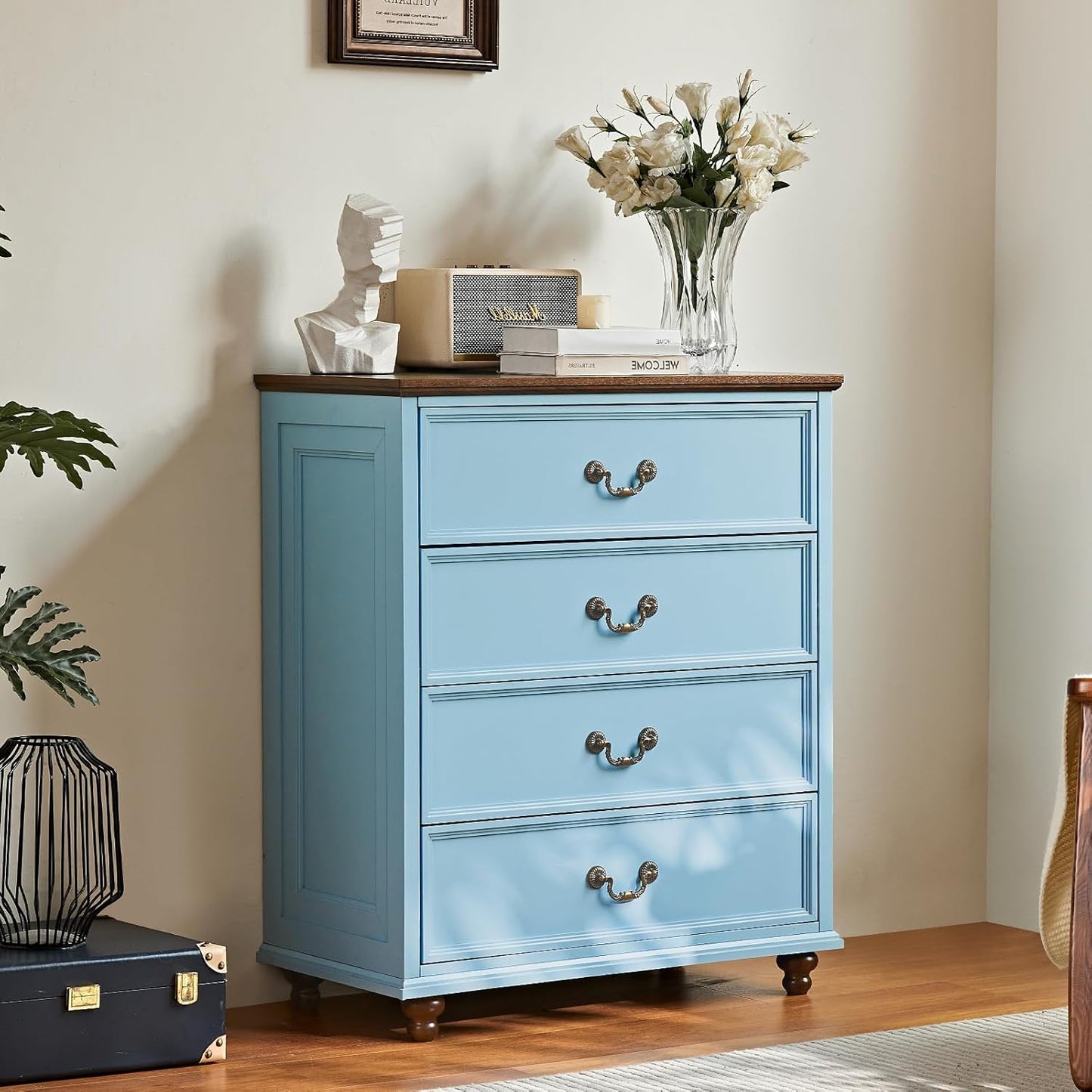 Farmhouse 4 Drawer Dresser Set of 2 for Bedroom, 37" Tall Rustic Chests of Drawers w/ 4 Solid Wood Feet, Mid Century Vintage Wooden Closet Storage Dressers Organizer for Living Room,Light Blue