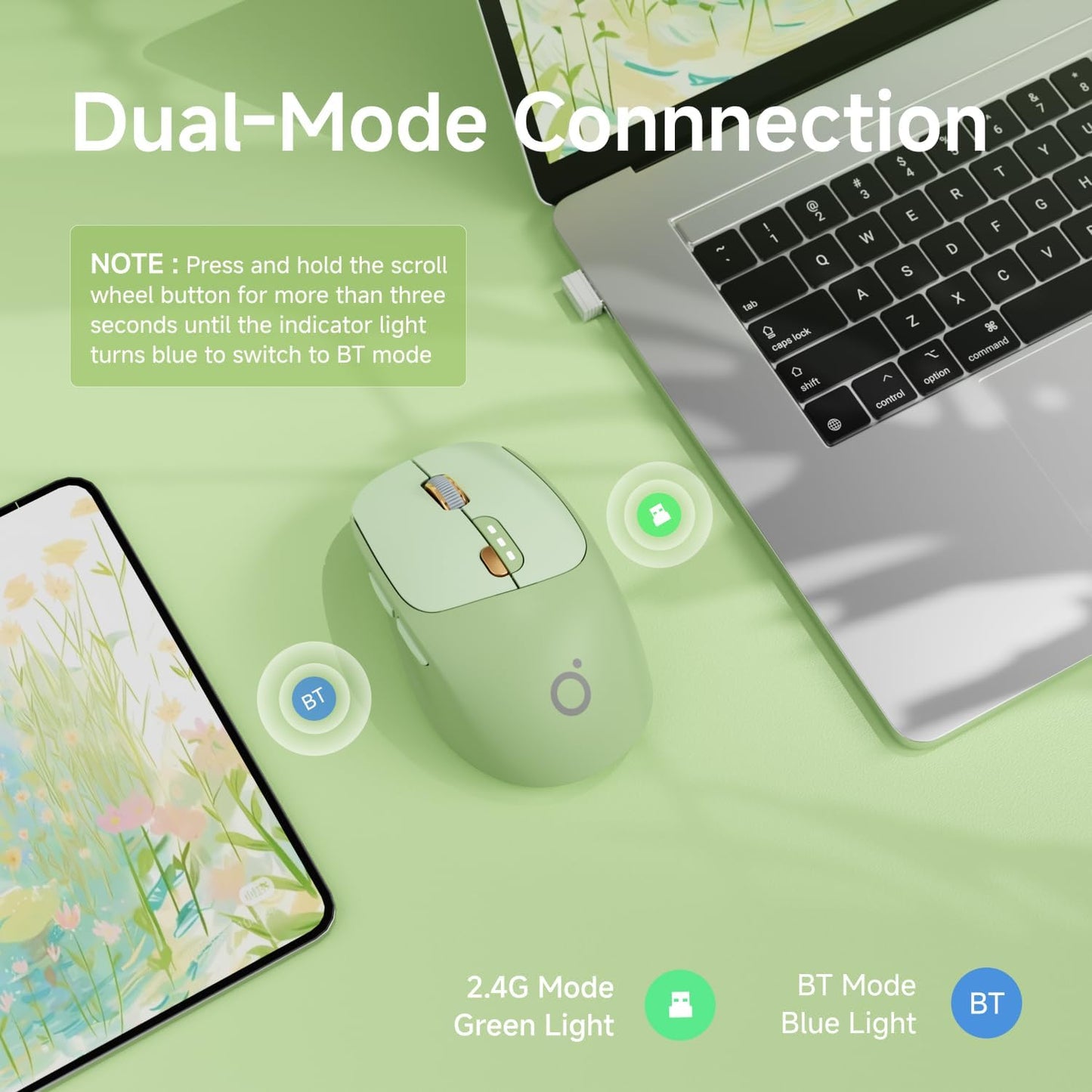 EWEADN Q5 Wireless Mouse, Bluetooth & 2.4G Quiet Computer Mouses with 1600 DPI, Battery Level Display, Ergonomic Office Mouse,6 Button Portable Cute Cordless Mice for Laptop/PC/Mac- Green