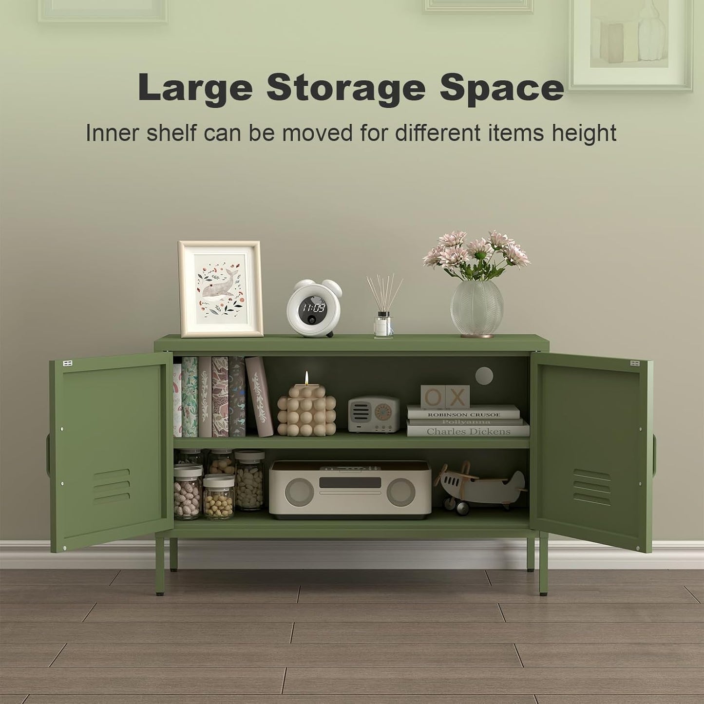 TV Stand with Storage,Metal Cabinet with Doors,TV Console with Storage with Adjustable Shelf,Morden TV Cabinet for Bedroom,Living Room,Avocado Green