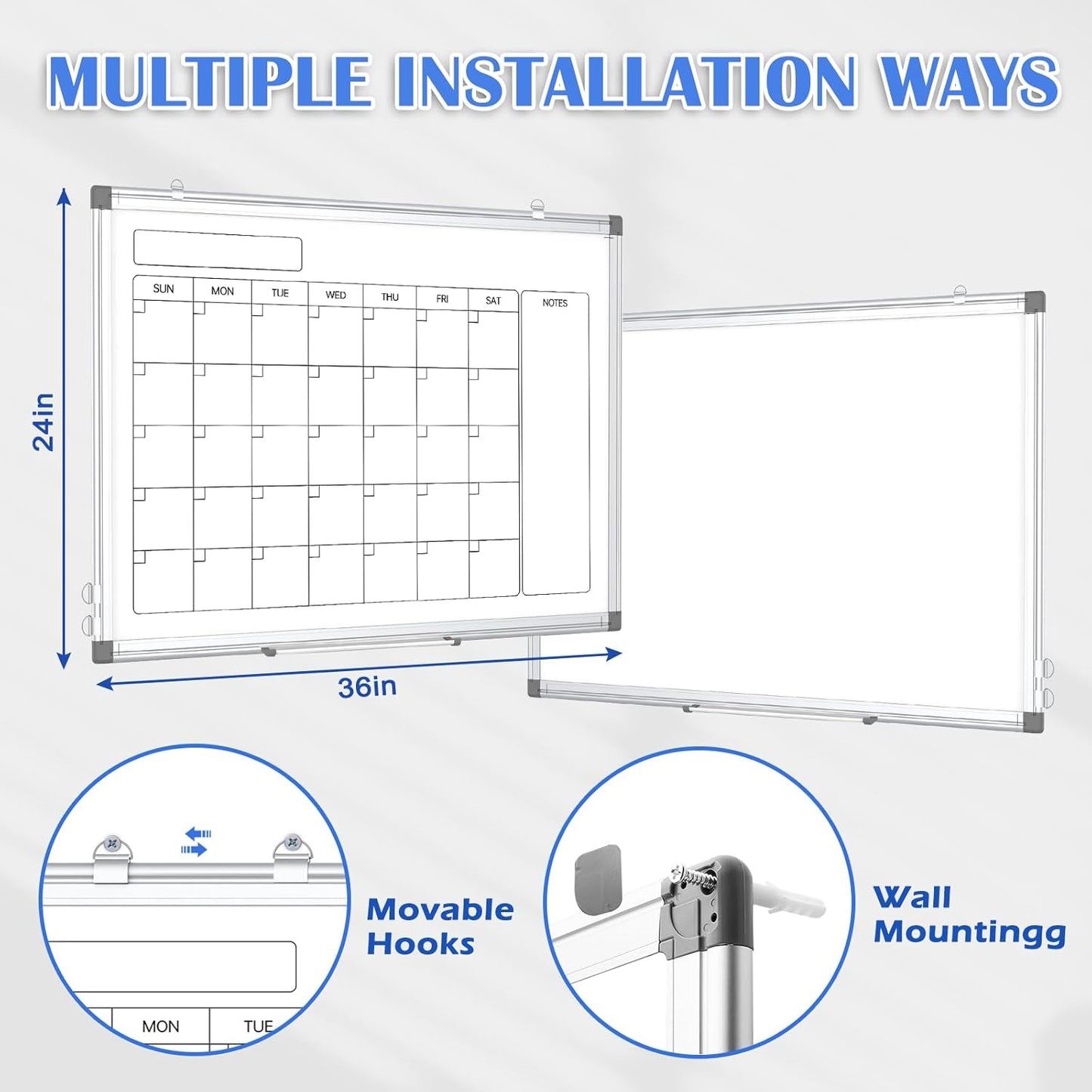 Monthly Calendar Dry Erase Whiteboard for Wall, 36" x 24" Double-Sided Calendar White Board, Magnetic Portable Board for Office, Kitchen, School, Home