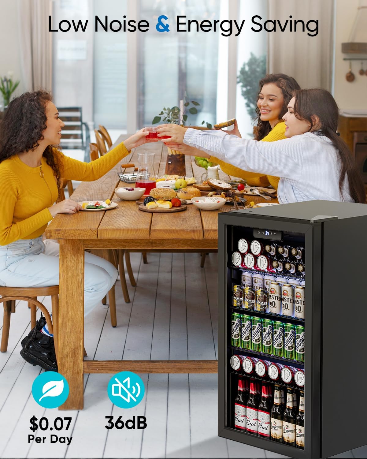 Beverage Refrigerator and Cooler - 126 Can Mini Fridge Glass Door for Soda Beer Wine - Freestanding Beverage Fridge for Bedroom Office Bar, 4 Adjustable Shelves, 3.2 Cu.Ft, Black