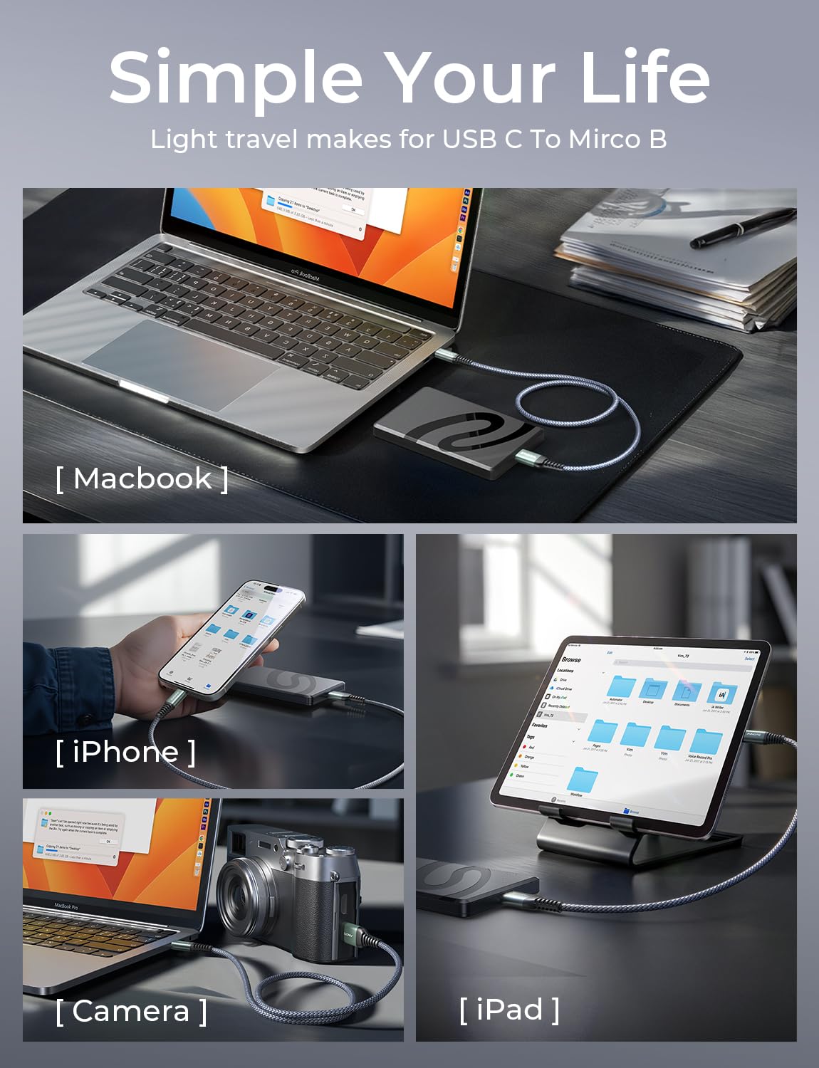 AINOPE External Hard Drive Cord 10Gbps Micro B to USB C External Hard Drive USB C to Micro B Cable Nylon Braided for MacBook Air/Pro, Seagate, WD Toshiba, SSD, iPhone, iPad, Camera, 1.6FT, Grey