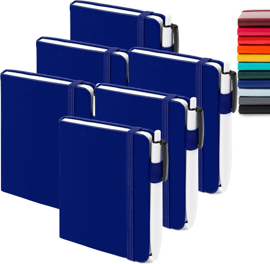feela 6 Pack Pocket Mini Notebooks Bulk, Small Cute Memo Notepads Hardcover College Ruled Lined Journals with Pen Holder for School Business Work, with 6 Black Pens, 3.5”x 5.5”, A6, Navy