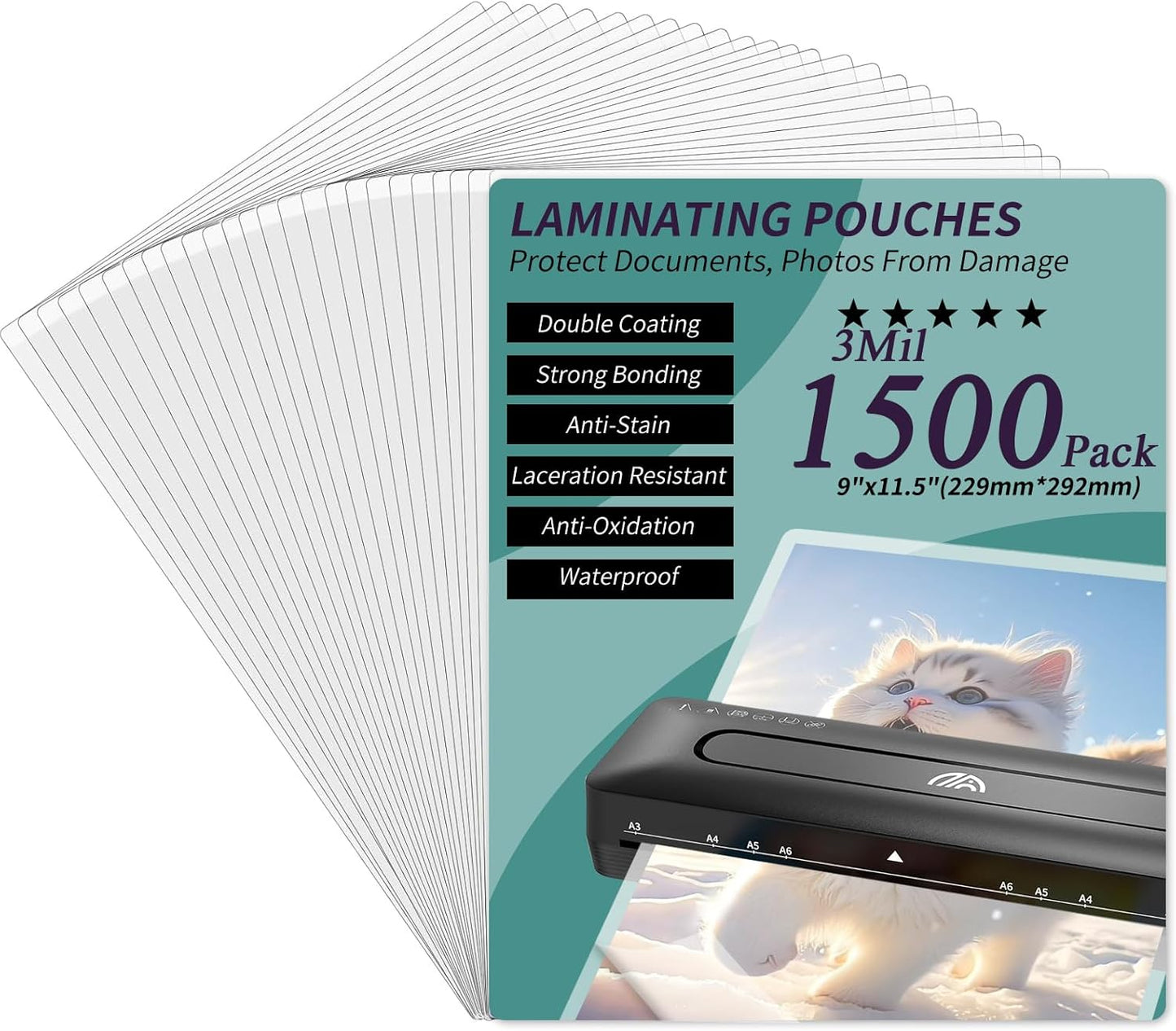 Laminating Sheets - 3Mil 1500 Pack Thermal Laminating Pouches, 9"x11.5" Clear Laminate Sheets for Schedules, Menus, Certificates, Art Drawings, Round Corner