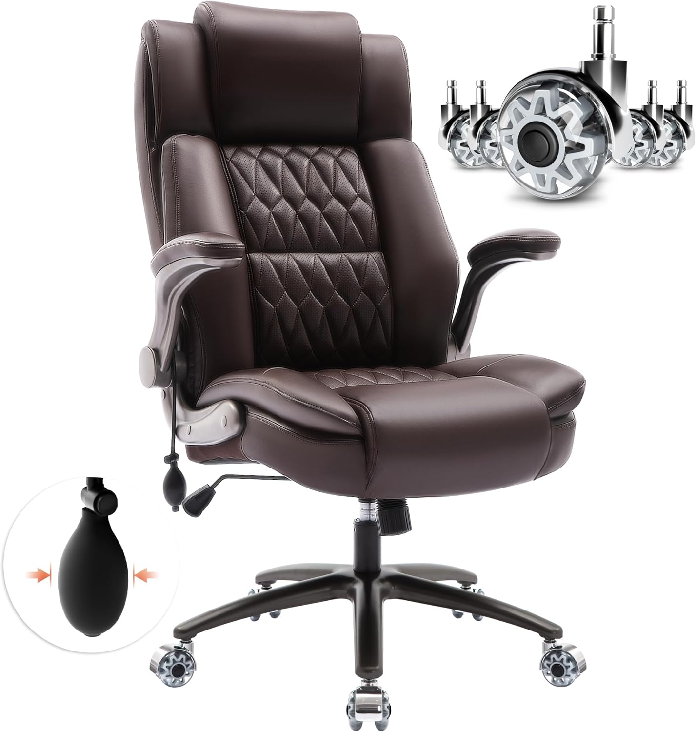 Large High Back Office Chair - Adjustable Lumbar Support Flip Up Arms Heavy Duty Quiet Wheels Metal Base Breathable Bonded Leather Ergonomic Executive Computer Desk Chair with Storage Bags, Brown