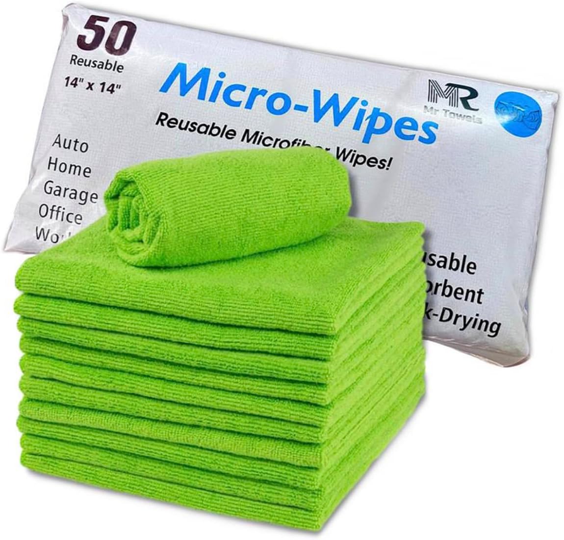 Reusable Microfiber Wipes, 50 Packs, Size 14 inches x 14 inches (Green)