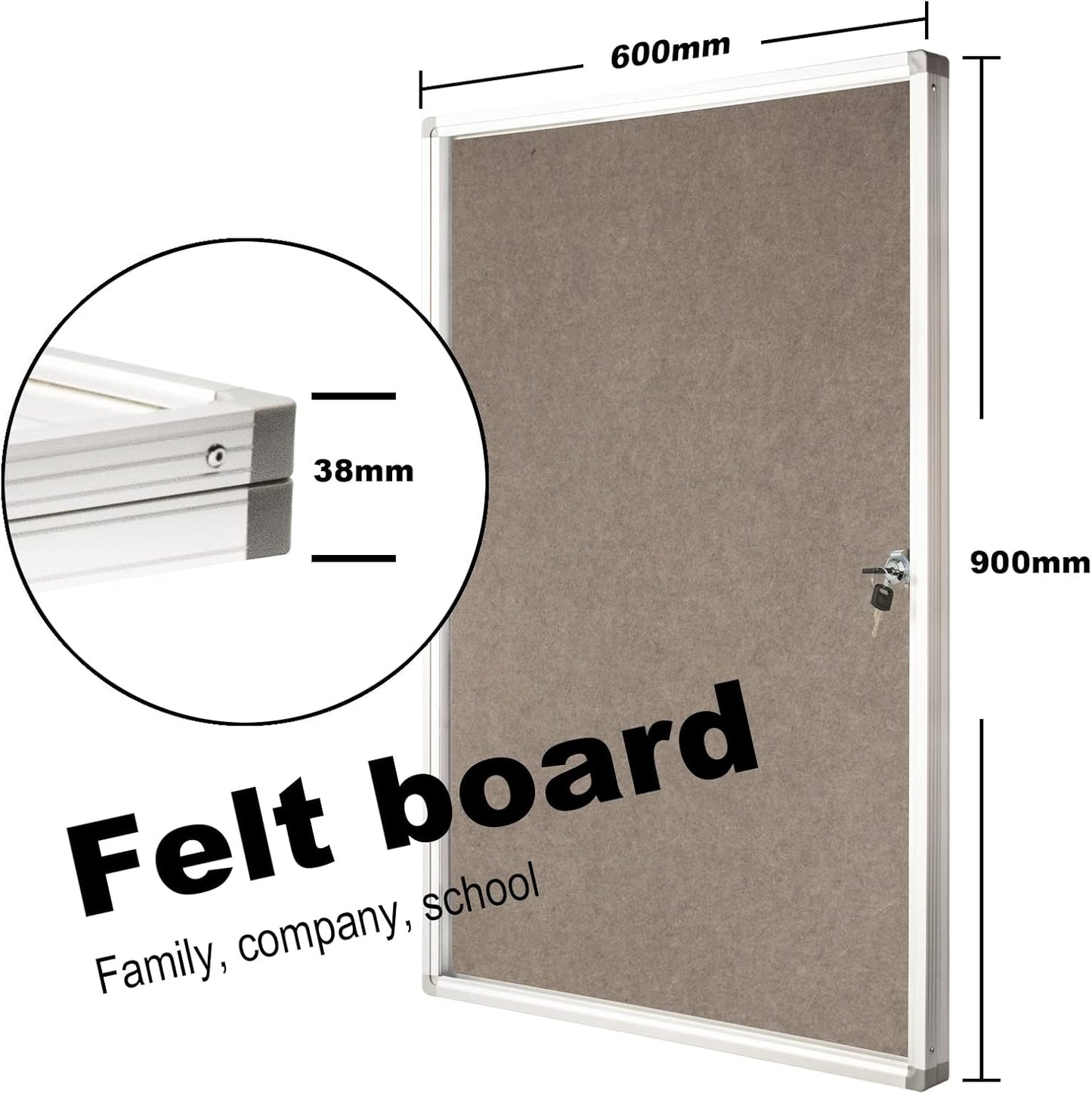 Enclosed Bulletin Board Lockable Display Case Message Board with Locking Door for Indoor, Grey Felt, Aluminum Frame, 36 X 24 in