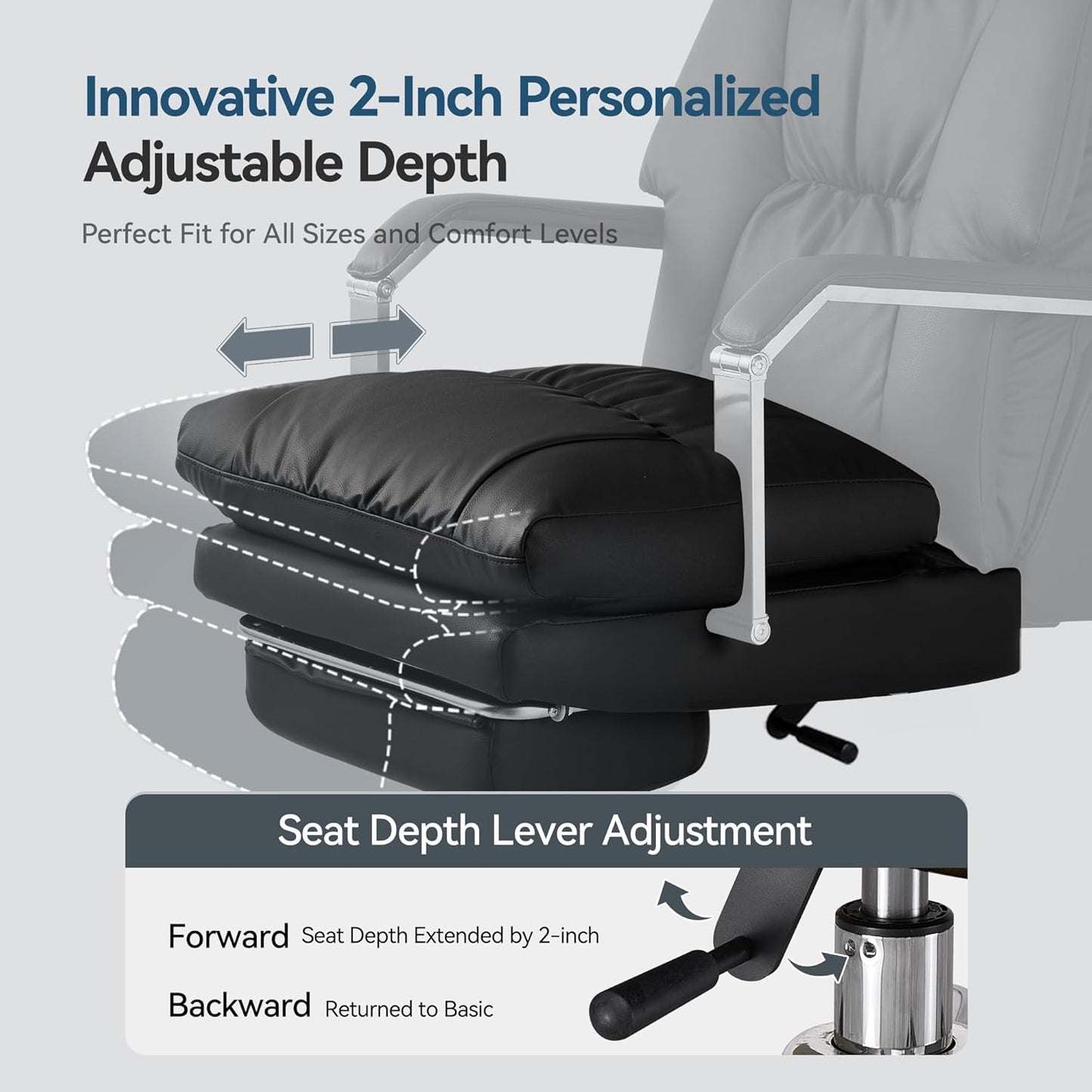 Reclining Office Chair with Footrest - 25.6" Wide Seat & Adjustable Seat Depth, Big and Tall High Back Leather Executive Home Office Desk Chair 400lbs, Black