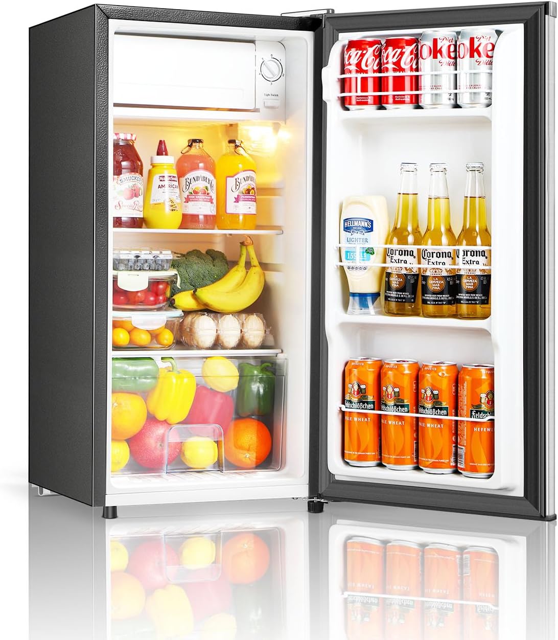 Seaoola Mini Fridge with Freezer, Single Door 3.1 Cu.Ft, Compact Mini Refrigerator, LED Light, Adjustable Thermostat, Removable Glass Shelves, Small Refrigerator for Dorm/Office/Bedroom(Sliver)